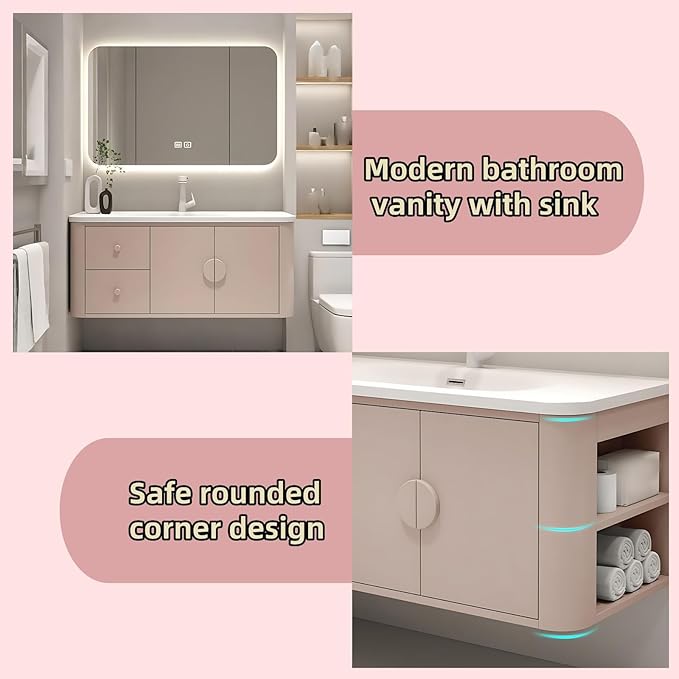 36IN Pink Modern Bathroom Vanity - Bathroom Vanities Set with 2 Drawers Wall Mounted | Rounded Corner Smart Defogging Mirror Cabinet with Lighting & Time Display, Side Opening Storage Shelf (Style A)