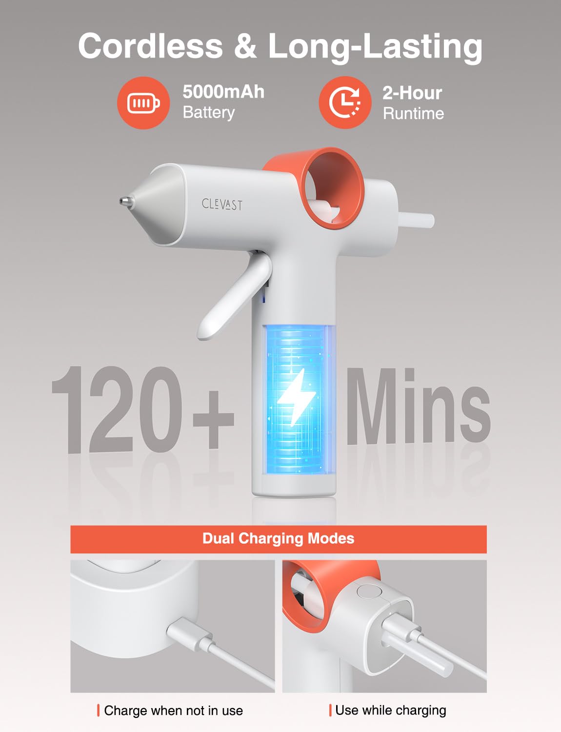 CLEVAST Cordless Hot Glue Gun, 5000mAh Rechargeable Mini Glue Gun with 30 Glue Sticks Set, 40s Fast Heating, Anti-Drip, Auto Shut-Off, Portable Kit for Arts & Crafts, DIY Projects & Home Repair