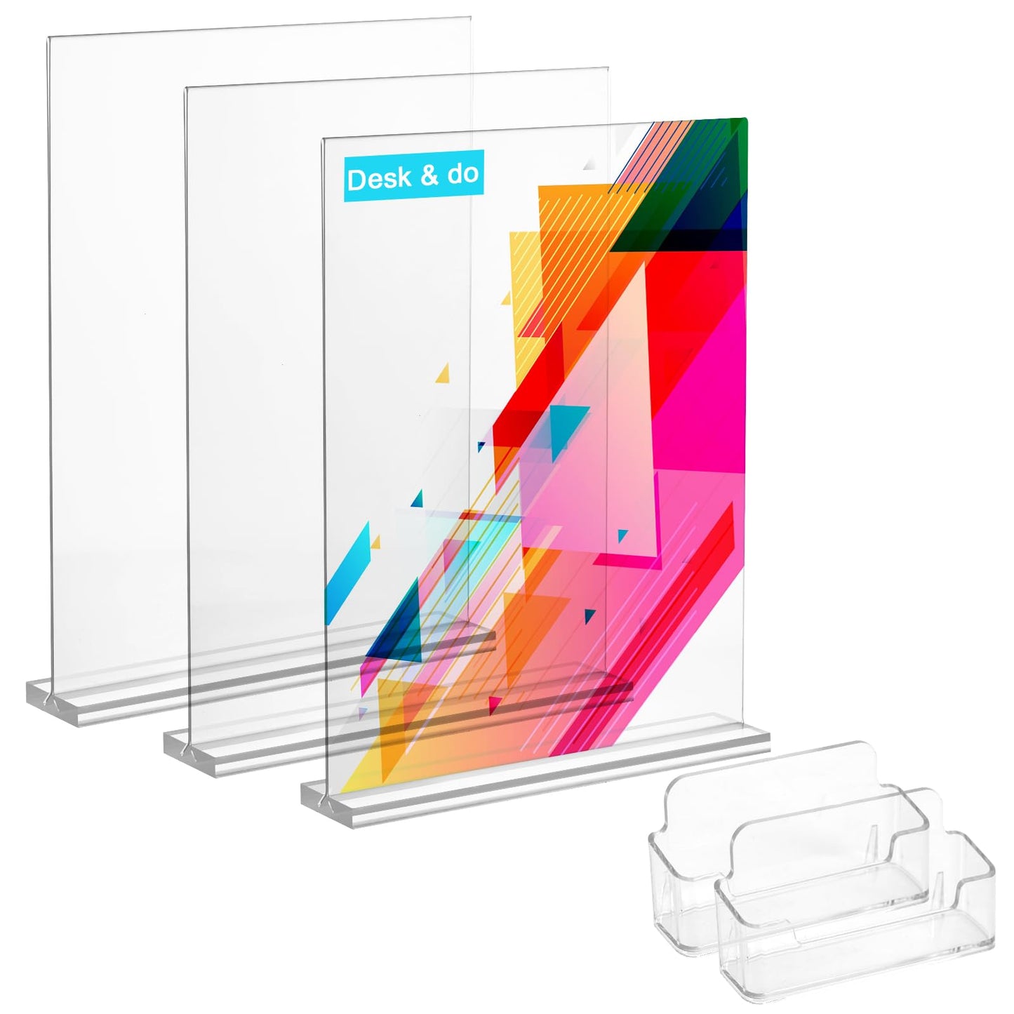 8.5x11 Acrylic Sign Holder with 2 Business Card Holder, 3 Pack Double Sided Clear Display Stand, Flyer Holder 8.5 x 11, Table Top Paper Holder, Vertical Menu Flyer Stand, Plastic Frame for Restaurants