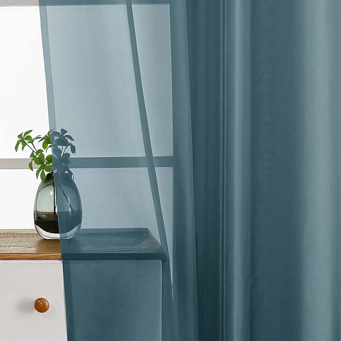 Window Sheer Curtains 45 Inches Length, Voile Short Curtains for Living Room Bedroom, Modern Soft Window Drapes 2 Panels Set, Top Dual Rod Pocket Design, Dusty Blue, 2x42Wx45L Inches