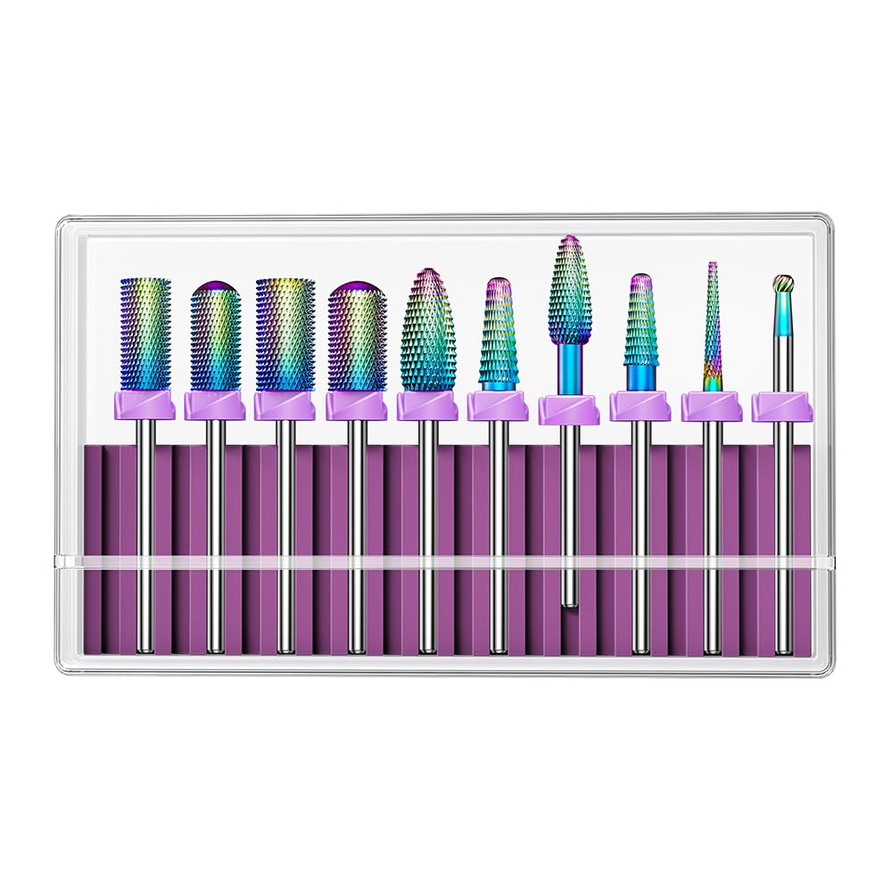 GLIX 10-in-1 Professional Nail Drill Bits Set, Rainbow Tungsten Carbide E File Bits for Acrylic Nails & Gel Polish Removal, 3/32" Shank Russian Manicure Kit with Safety Cuticle Ball & Flame Bit
