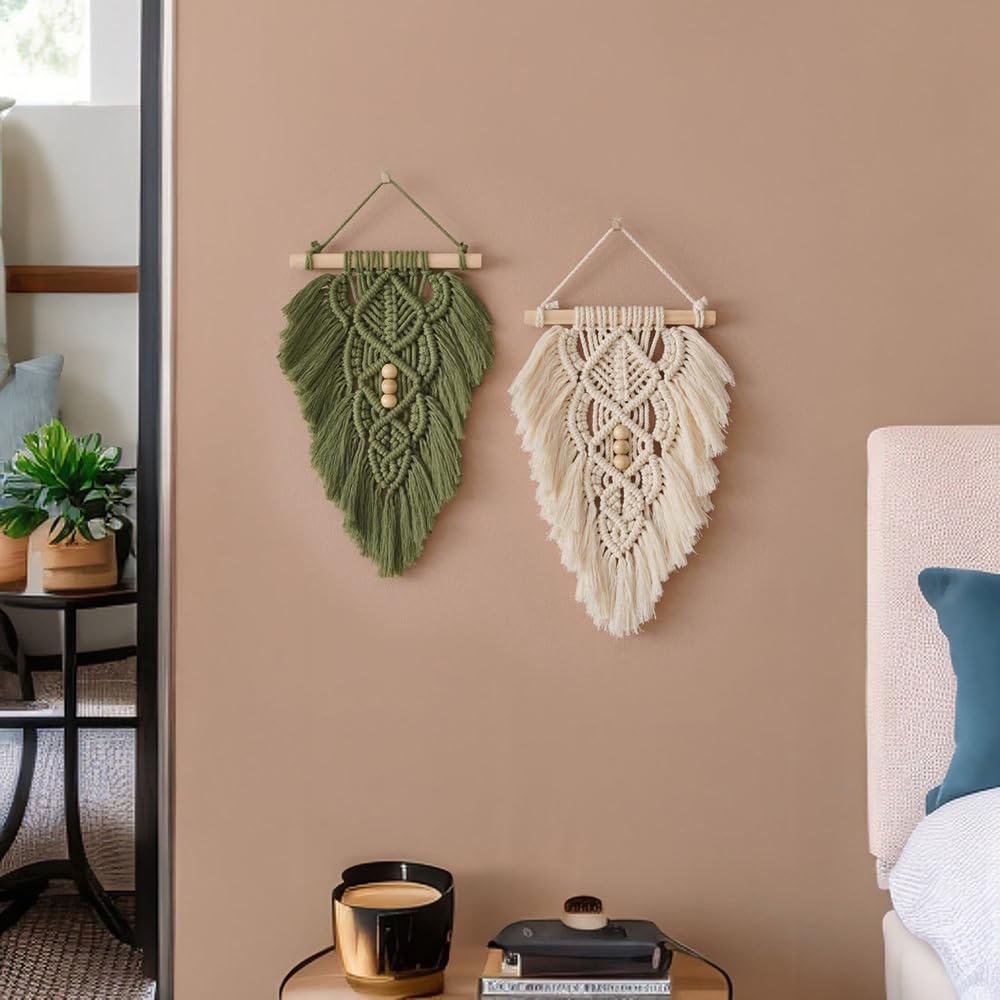 Jditngp Hand Woven Leaf Wall Hanging,Leaf Tapestry Macrame Wall Hanging,Nordic Room Wall Art Feather Ornament,Boho Woven Tapestry Boho Home Decor for Living Room Bedroom or Entryway Wall Art (Green)