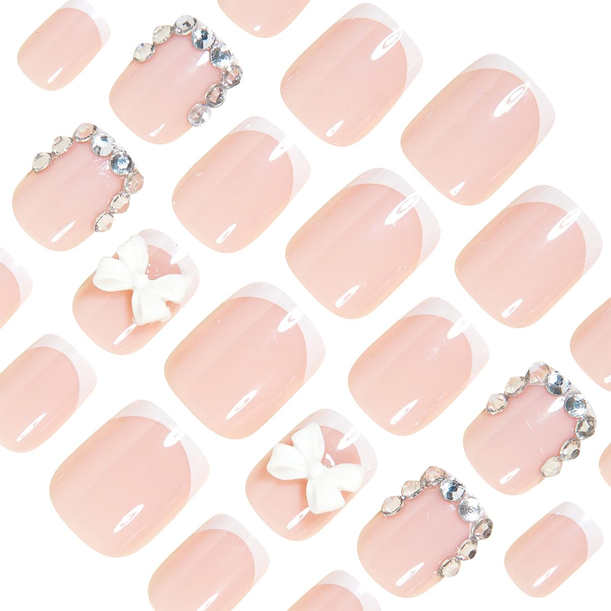 24Pcs Square Press on Nails Short French Tip Nails with 3D White Bow and Rhinestones, Pink Fake Nails Glossy Acrylic Stick on Nails Reusable False Nails for Women Wedding Party Daily DIY Manicure