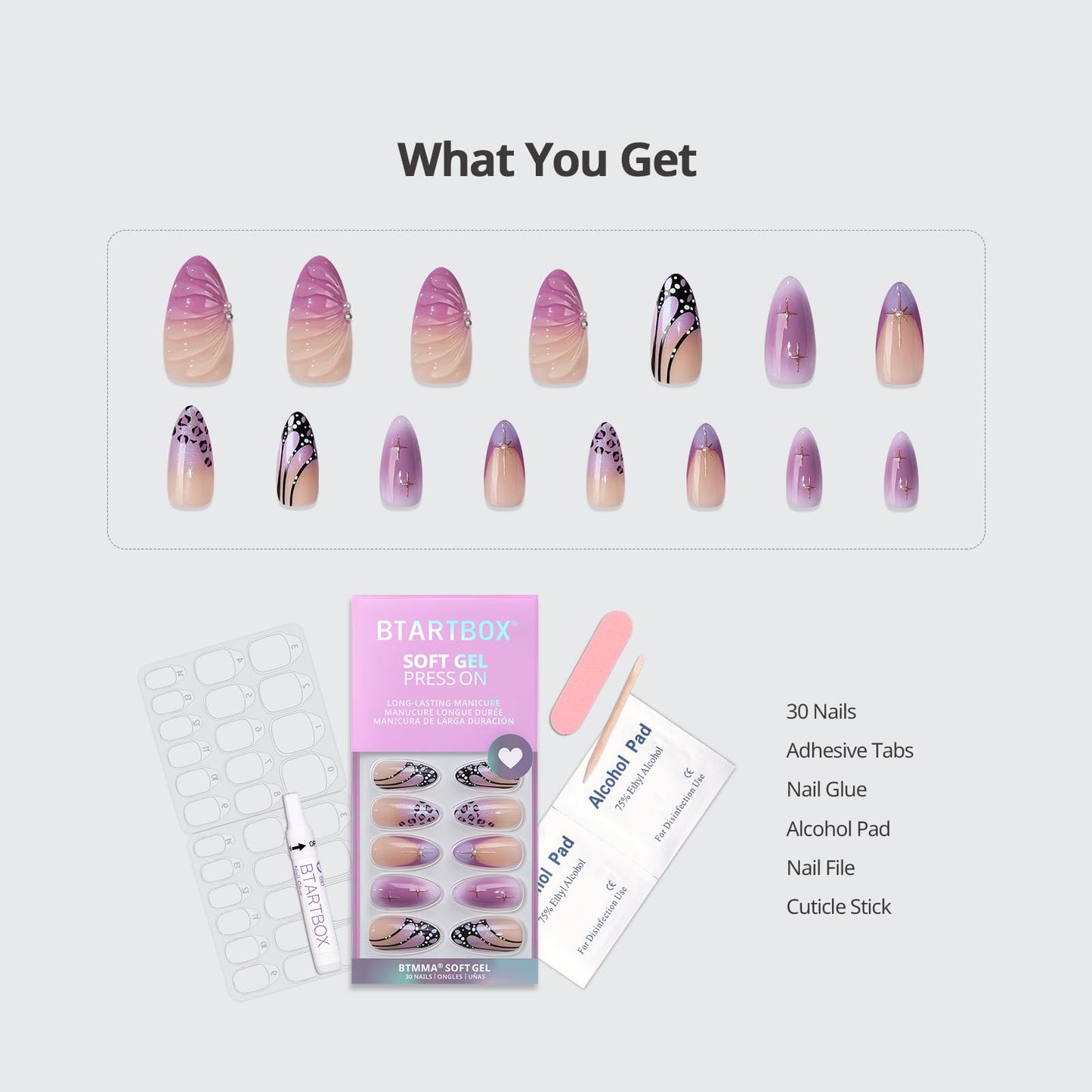 BTArtbox Press On Nails Medium - 3D Purple Butterfly French Tip Almond Press On Nails with Glue for Women, Opaque Soft Gel Glue On Nails in 15 Sizes - 30 Stick On Nails Kit, Flutter Besties