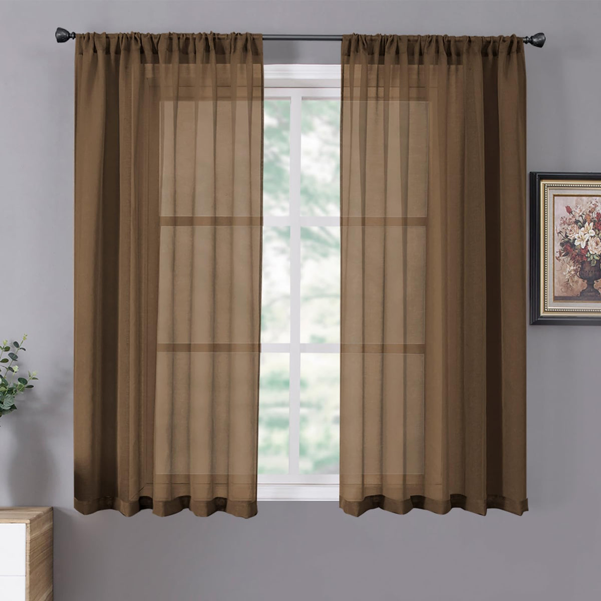 Short Sheer Curtain Linen Textured Living Room Curtains Sheer Light Filtering Rod Pocket Voile Curtain for Bedroom
