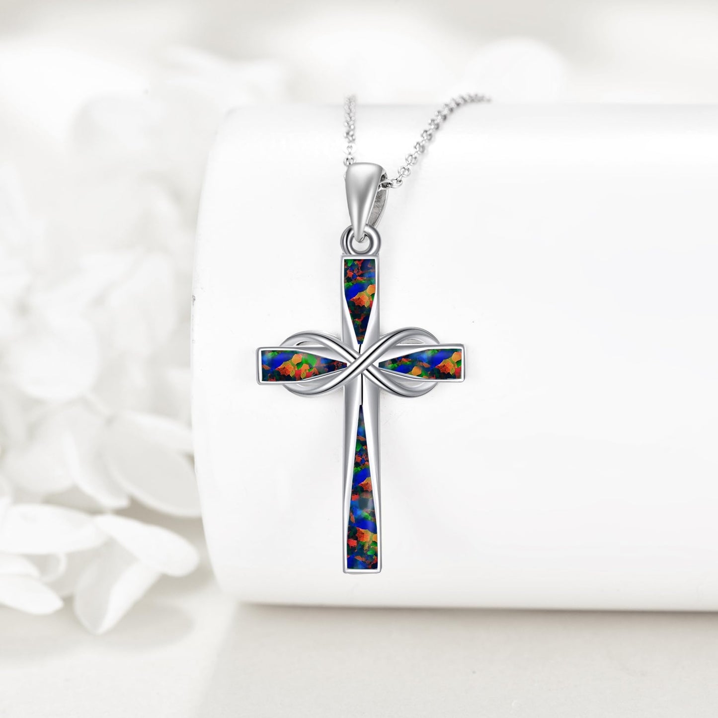 ONEFINITY Infinity Cross Necklace 925 Sterling Silver Black Fire Opal Pendant Necklace Cross Jewelry Gifts for Women Men