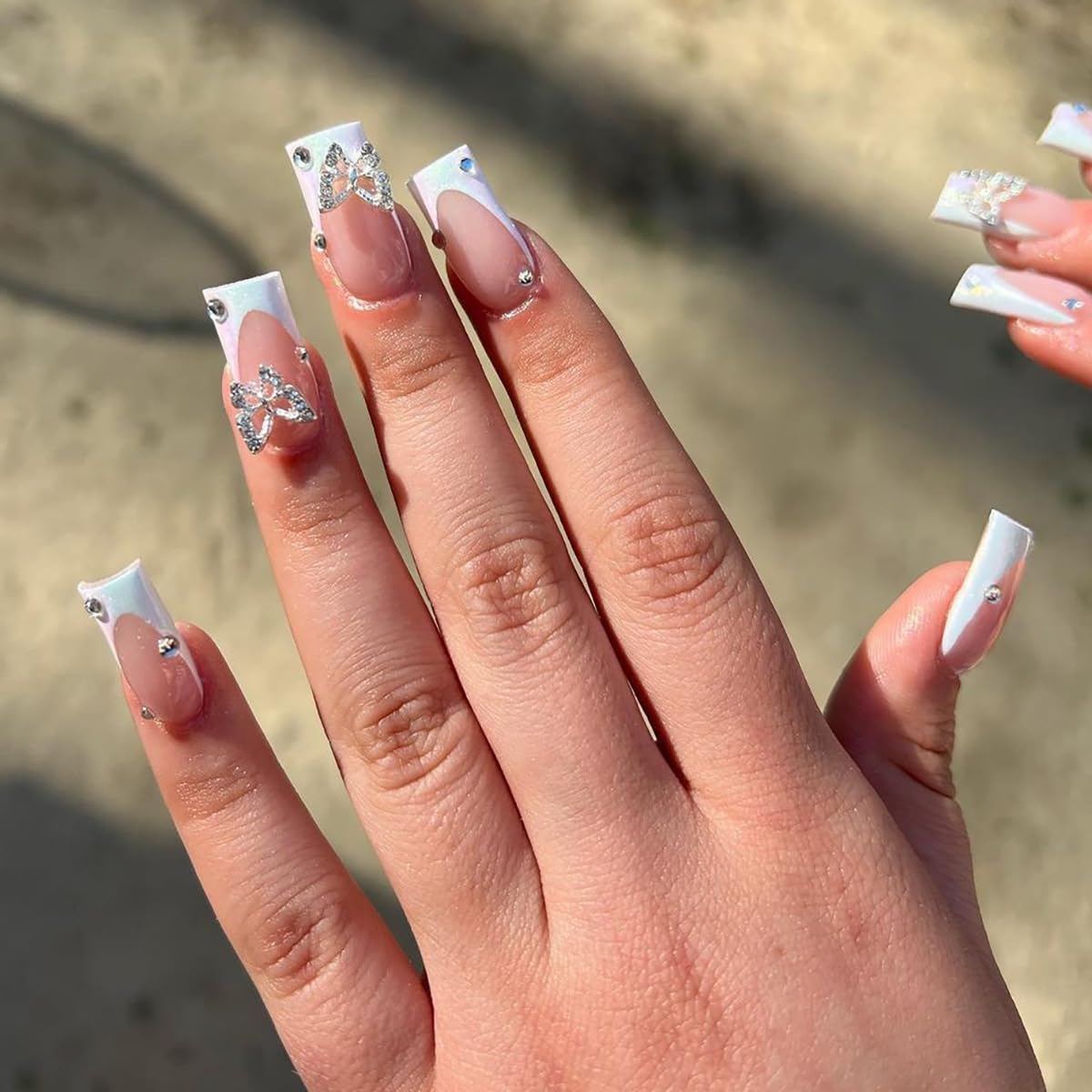White French Tip Press on Nails Medium Square Fake Nails Press ons with Butterfly Charms Design Reusable Artificial Nails Glossy Full Cover Glue on Nails Stick on Nails for Women Manicure 24Pcs