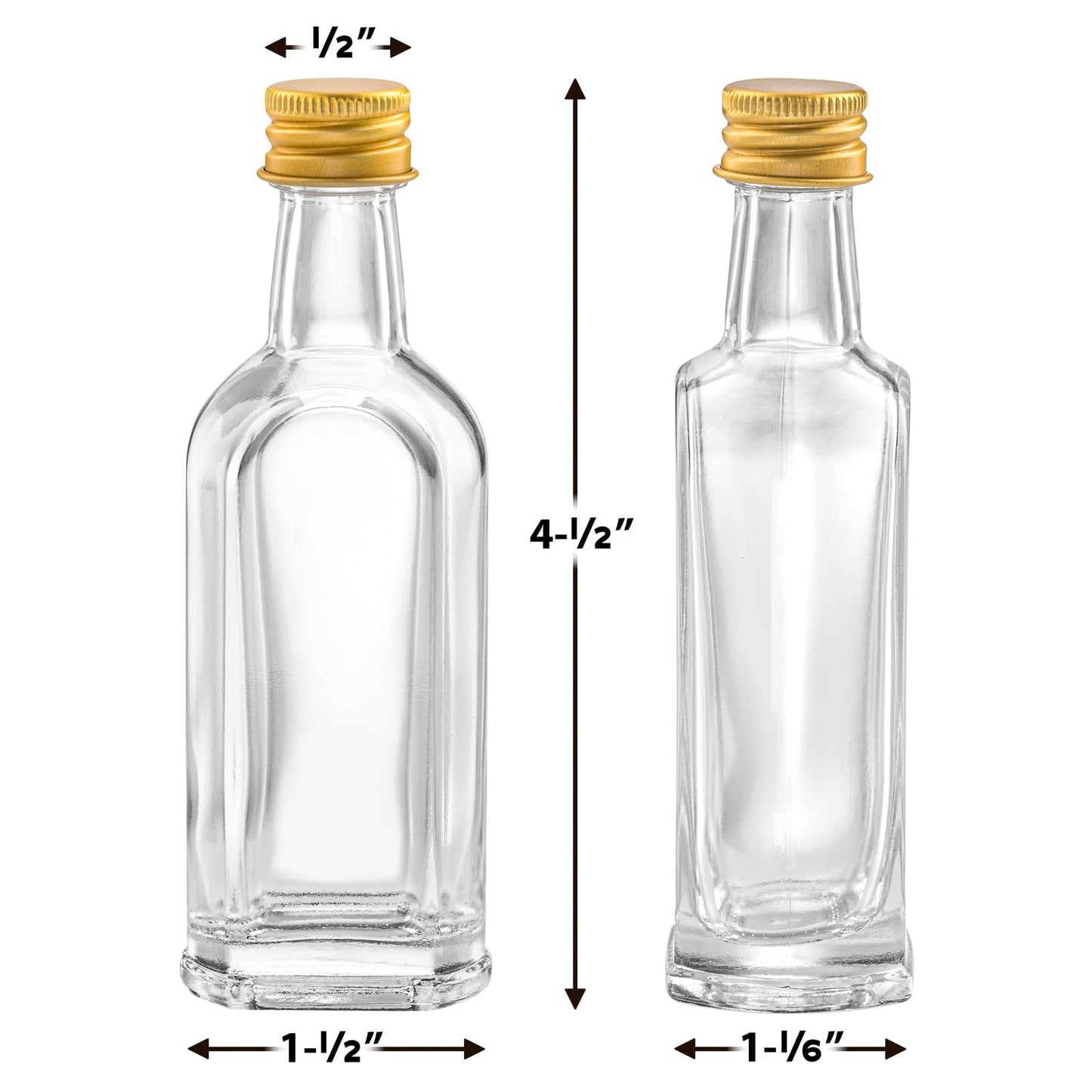 PELLAH GOODS 50 ml (1.7oz) Mini Small Glass Bottles With Leak Proof Gold Caps, Aluminum Lids, 24 Pack, For Liquor Wine Alcohol Ginger Shots Samples Decorative