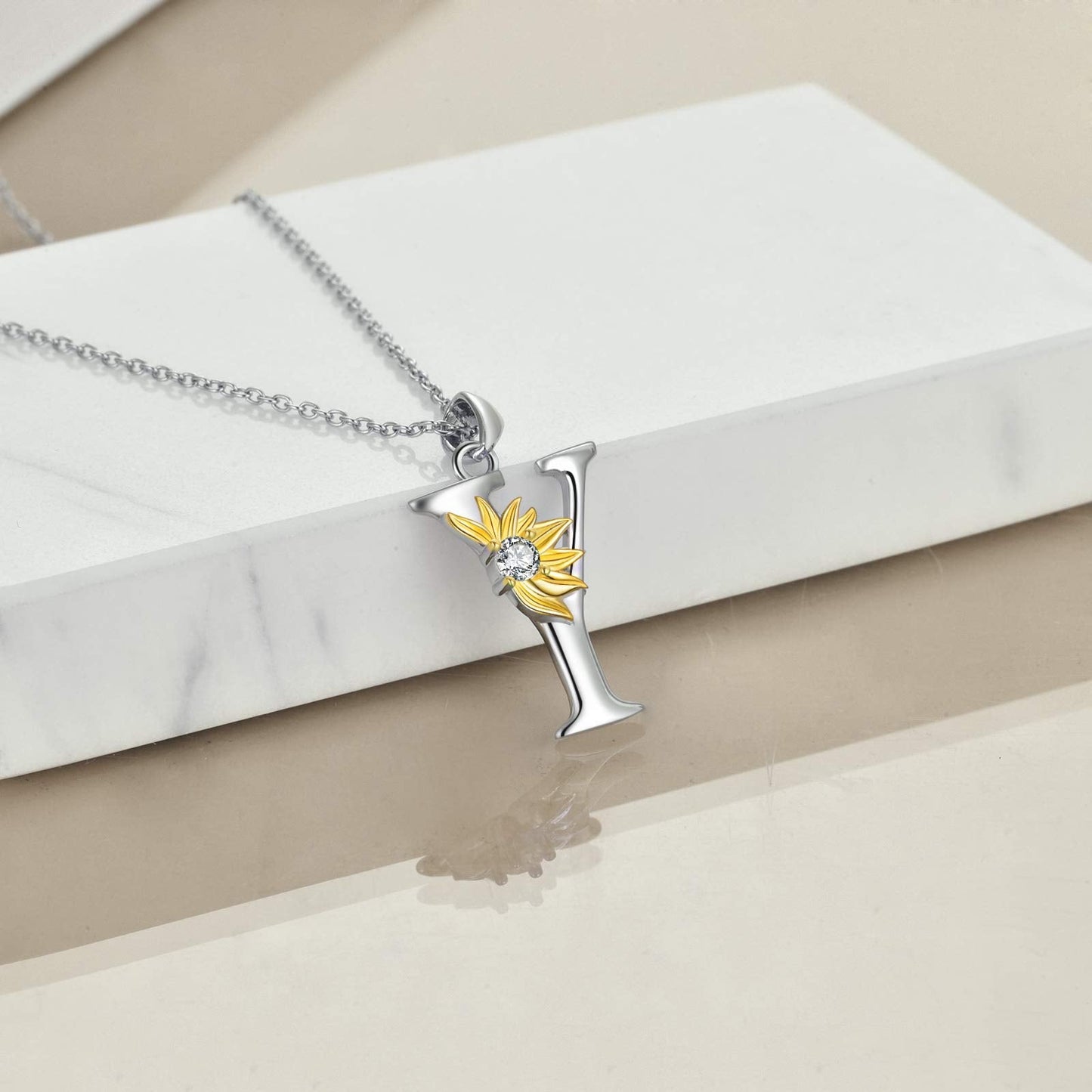 POPLYKE Sterling Silver Initial Alphabet Letter Script Name Pendant Chain Necklace for Women for (Sunflower Y)