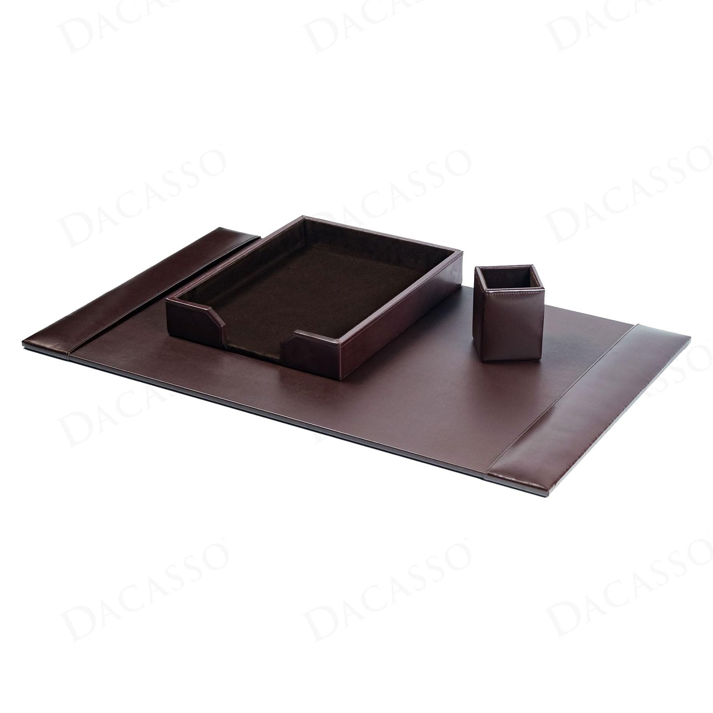 Dacasso Brown Bonded Leather Luxury 3 Piece Desk Set - Blotter Pad & Desk Organization Essentials - Executive Decor and Surface Protector