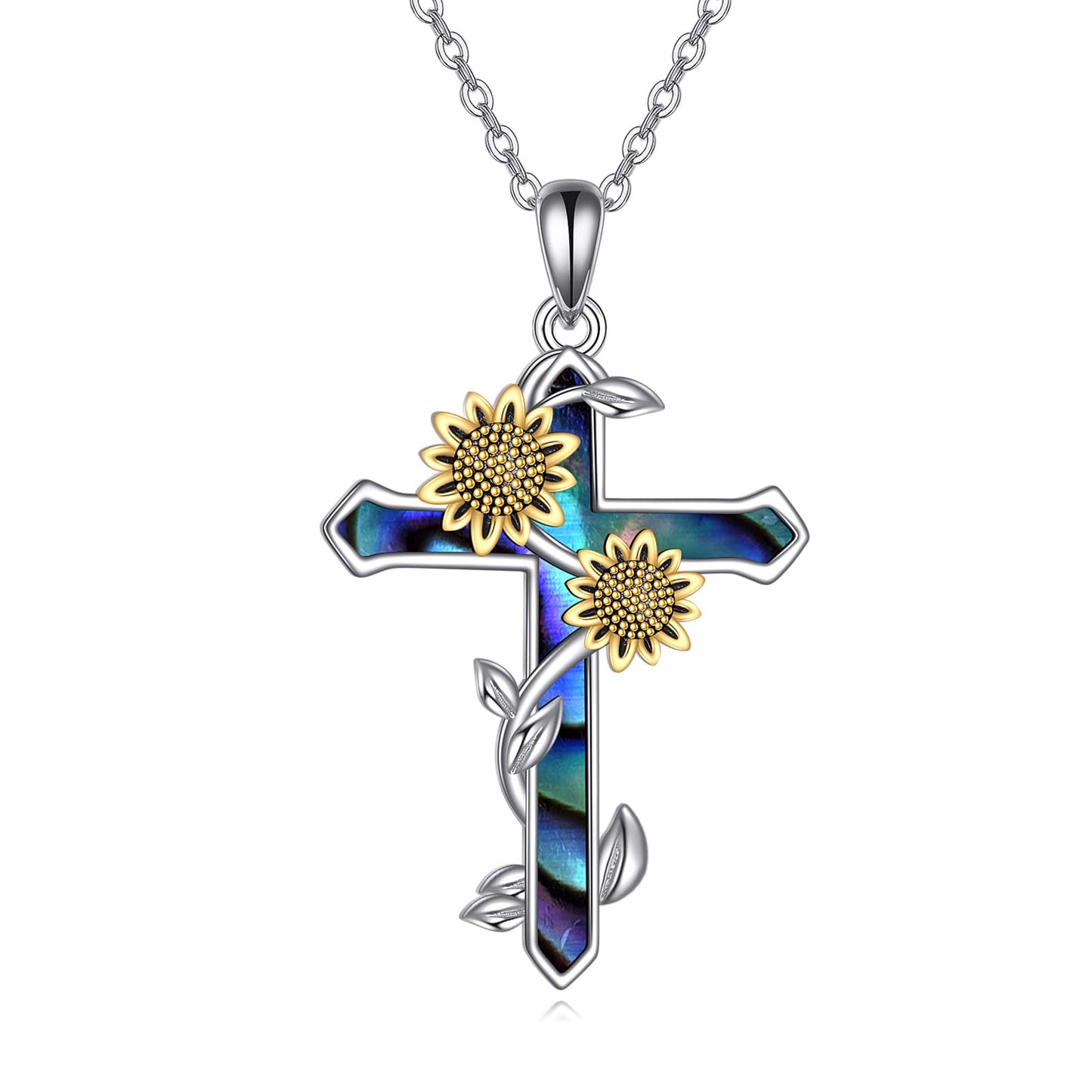 JERWLI Sunflower Cross Necklace S925 Sterling Silver Abalone Shell Sun Flower Cross Pendant Necklaces Faith Jewelry Gifts For Women Female Love Mother