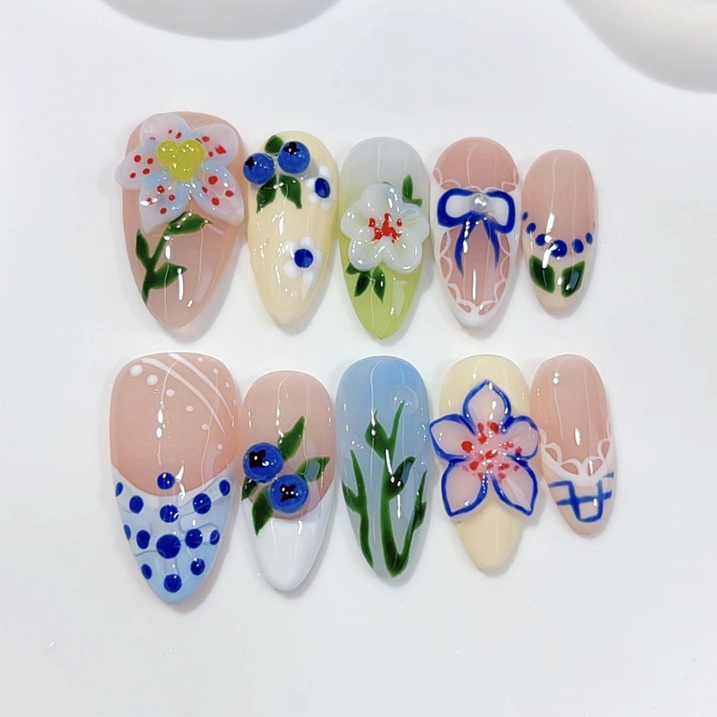 Handmade Press On Nails – Short Almond False Nails for Women, Reusable Acrylic with Bow& 3D Blueberry Design – Salon Quality Fake Nails（S）