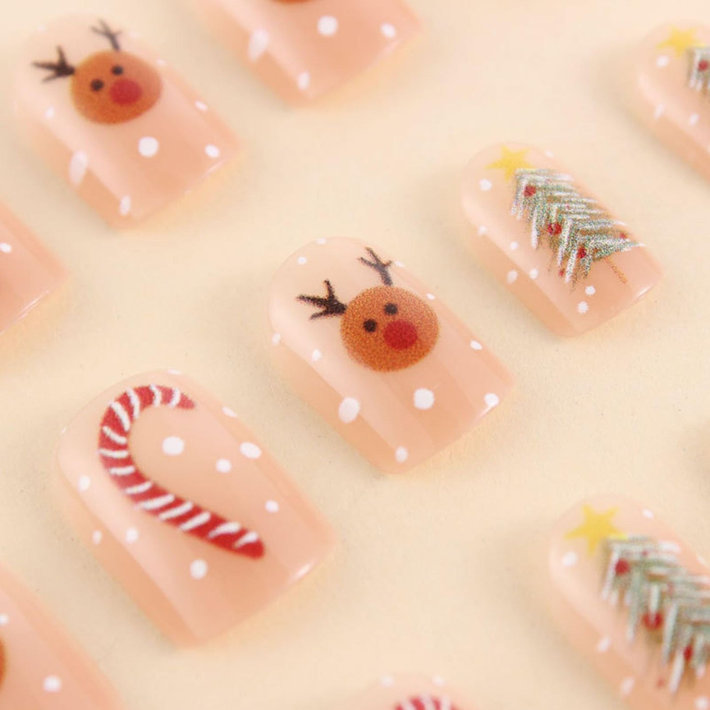 IMSOHOT Press on Nails Short Square Fake Nails Cute Nude Glossy False Nails with Elk, Tree, Snowflake Design Full Cover Glue on Nails for Women Girls Manicure