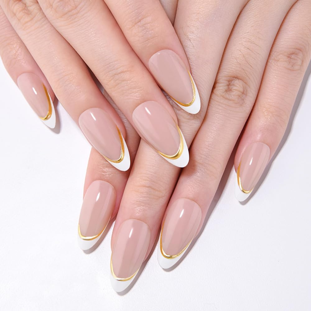 evpct French Tip Press On Nails Almond Medium, Nude Pink + Gold Line & Wihte Tips, Medium Almond Fake False Press on Nails, Soft Gel Stick on nail Press ons with Nail Kit, Reusable Salon Quality