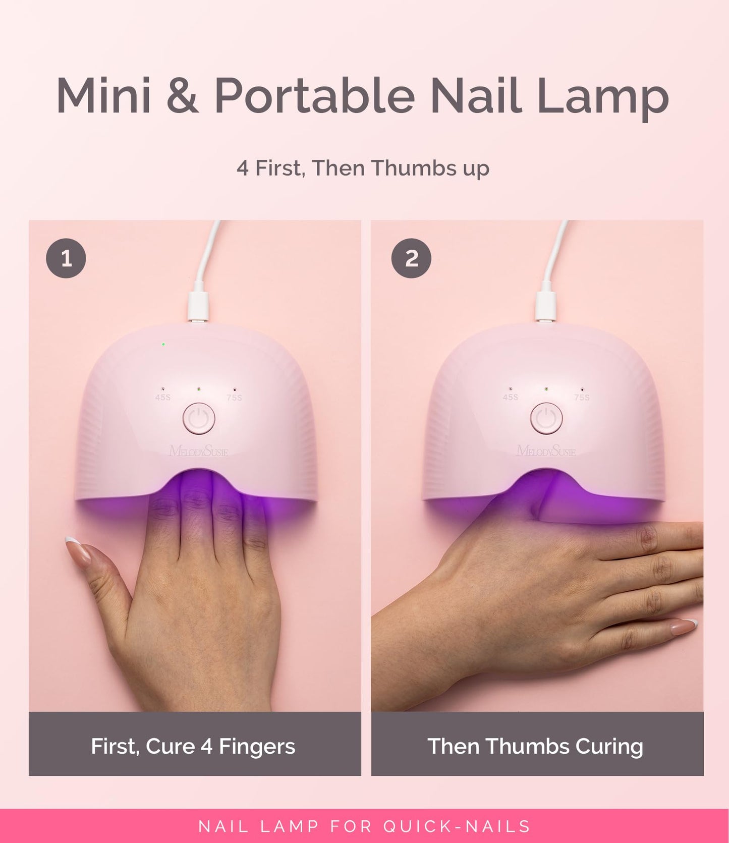 MelodySusie Mini LED UV Nail Lamp with Lightweight Design, P-ART06F Nail Dryer with Simple Button Control Cures All Soft Gels at Home, Especially Half-Cured Gel, Base Coat & Top Coat Pink