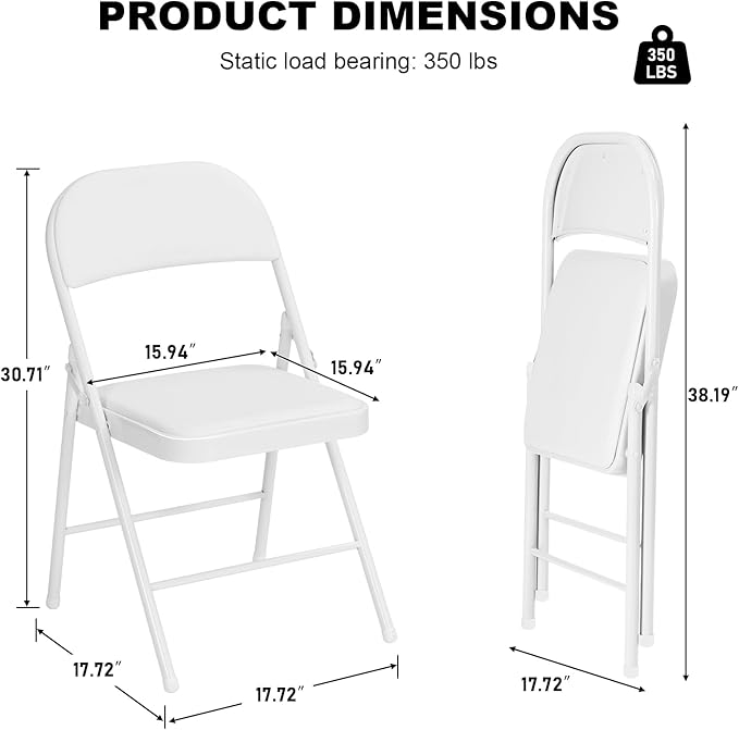 30 Pack White Folding Chairs with Padded Cushion for Outside, Portable Stackable Commercial Metal Foldable Chairs with Steel Frame for Home Events Office Wedding Party, 350lbs Capacity