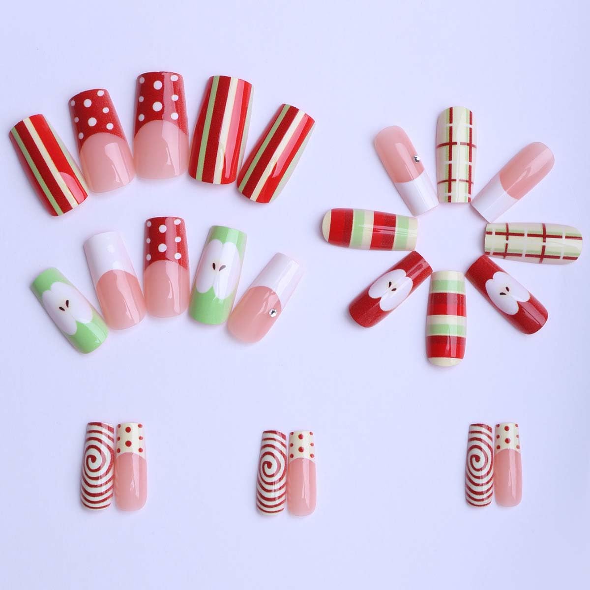 LINMEIZAI 24Pcs French Press on Nails Medium Square Apple Fake Nails Press ons Nail Tips, Green Red Stick on Nails Acrylic Nails Kit False Nails Fresh Plaid Design Nail Art for Women Cheerful Manicure