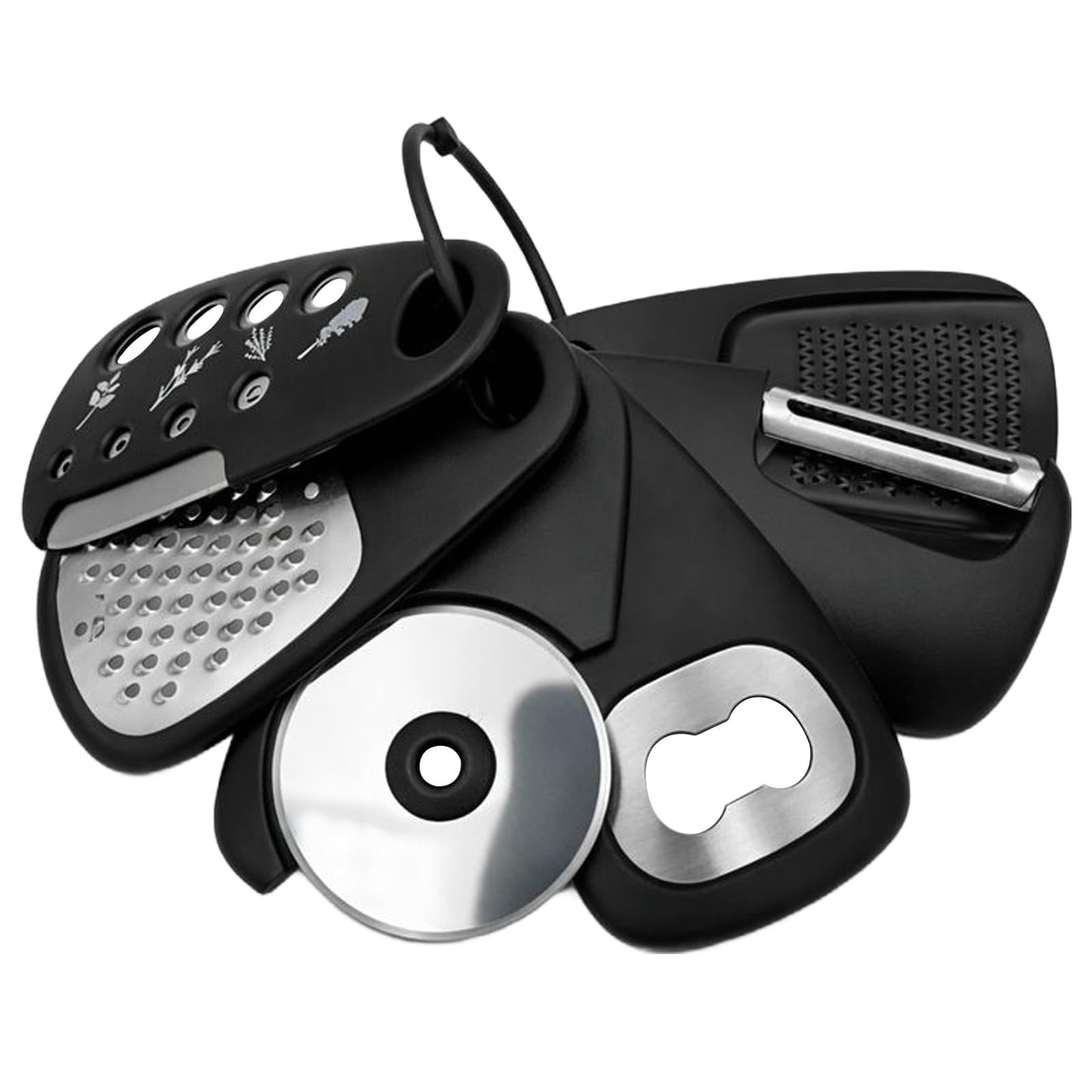 6-Piece Unique Kitchen Gadget Set in Black, Stackable Space-Saving Tools Including Grater, Peeler, Pizza Cutter, and Bottle Opener
