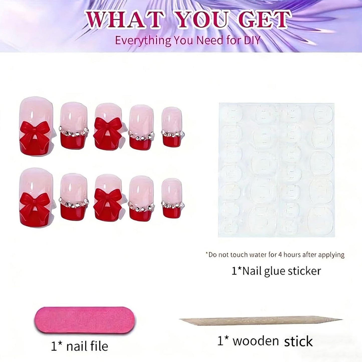 Red French Tip Press on Nails Medium Square Fake Nails with Red Bow Designs Rhinestone Tip Full Cover Stick on Nails Cute Nails Press ons Nude Glossy Artificial False Nails for Women Girls 24Pcs