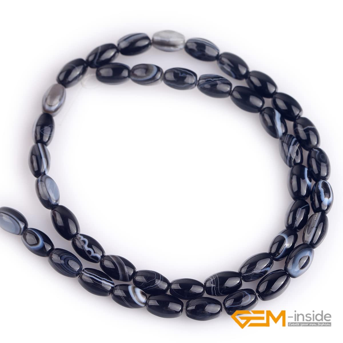 GEM-Inside 6x9mm Natural Black Botswana Onyx Agate Stone Semi Precious Rice Olive Oval Chakras Beads for Jewelry Making DIY Handmade Craft Supplies 15"