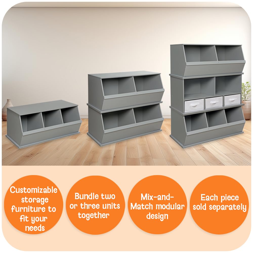 Badger Basket Stackable Toy Storage Organizer - 5-Shelf Modular Unit with 3 Removable Fabric Bins, Solid Panel Construction, Expandable Design for Toys and Crafts - Gray
