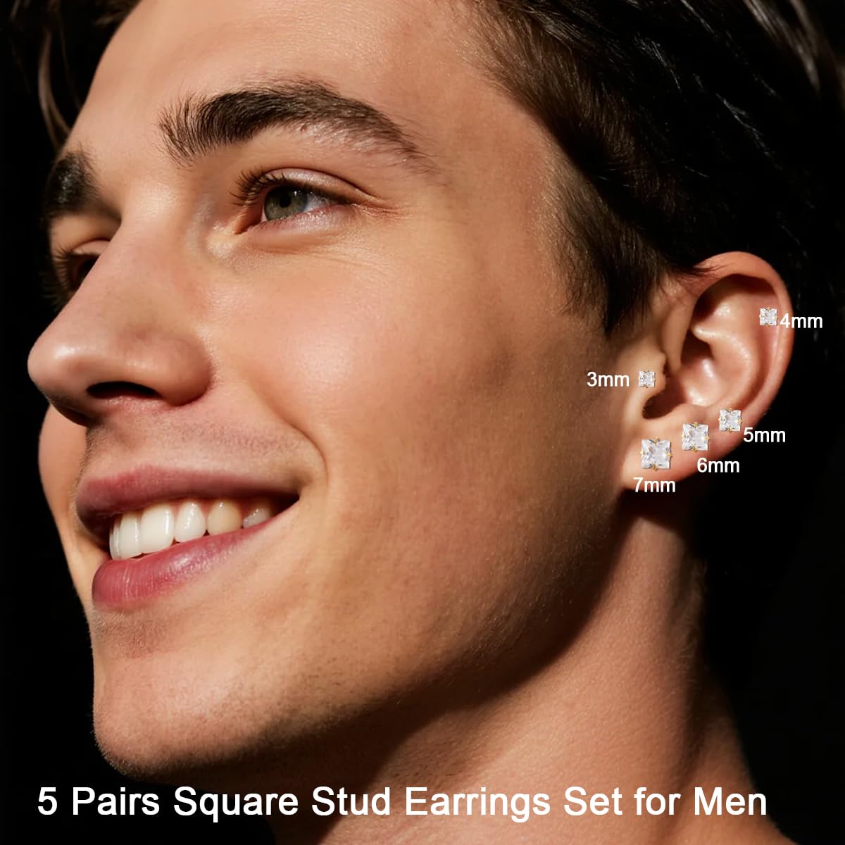 Princess Cut Square CZ Stud Earrings Flat Back, Screw Back Small Gold Clear Cubic Zirconia Studs Earrings Set for Women Men, Pack of 5 Pairs (3-4-5-6-7mm)