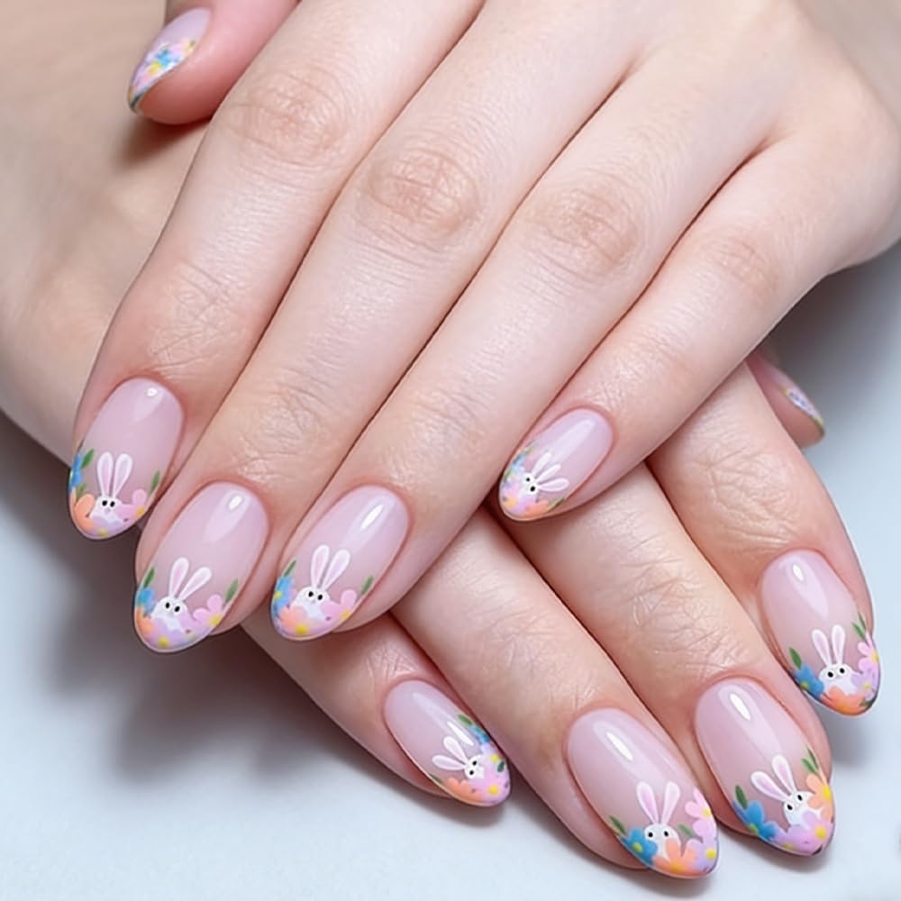 Easter French Press on Nails Medium Almond Matte Fake Nails Spring Daisy Flowers False Nails Cute Rabbit French Acrylic Stick on for Women Easter Holiday Manicure Decoration 24Pcs