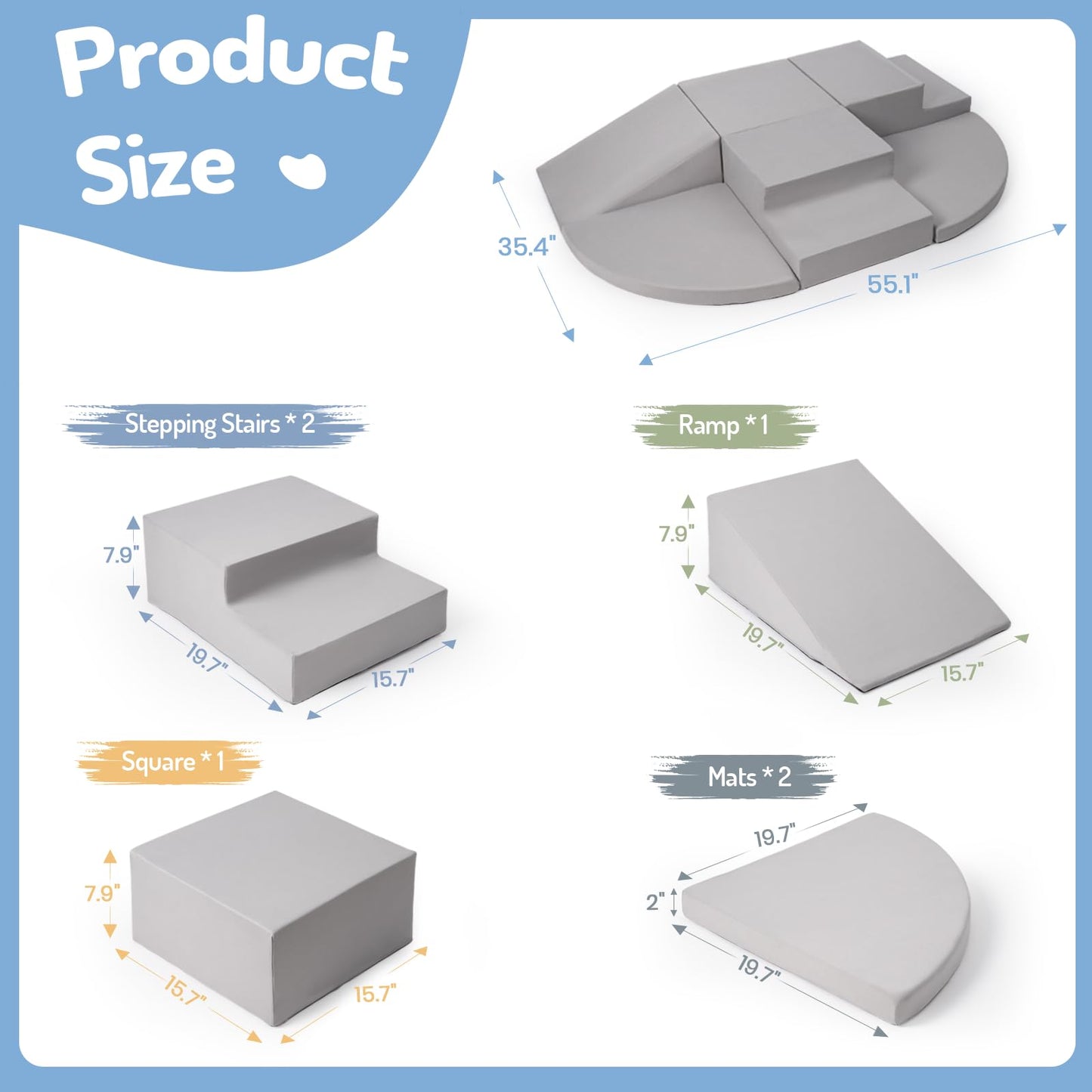 Rinnebbit 6-Piece Foam Climbing Blocks for Toddlers, Baby Climb and Crawl Soft Foam Play Set, Machine Washable Cover, Indoor Activity Play Structures, Climbing Toys for Toddlers 1-3 (Gray)