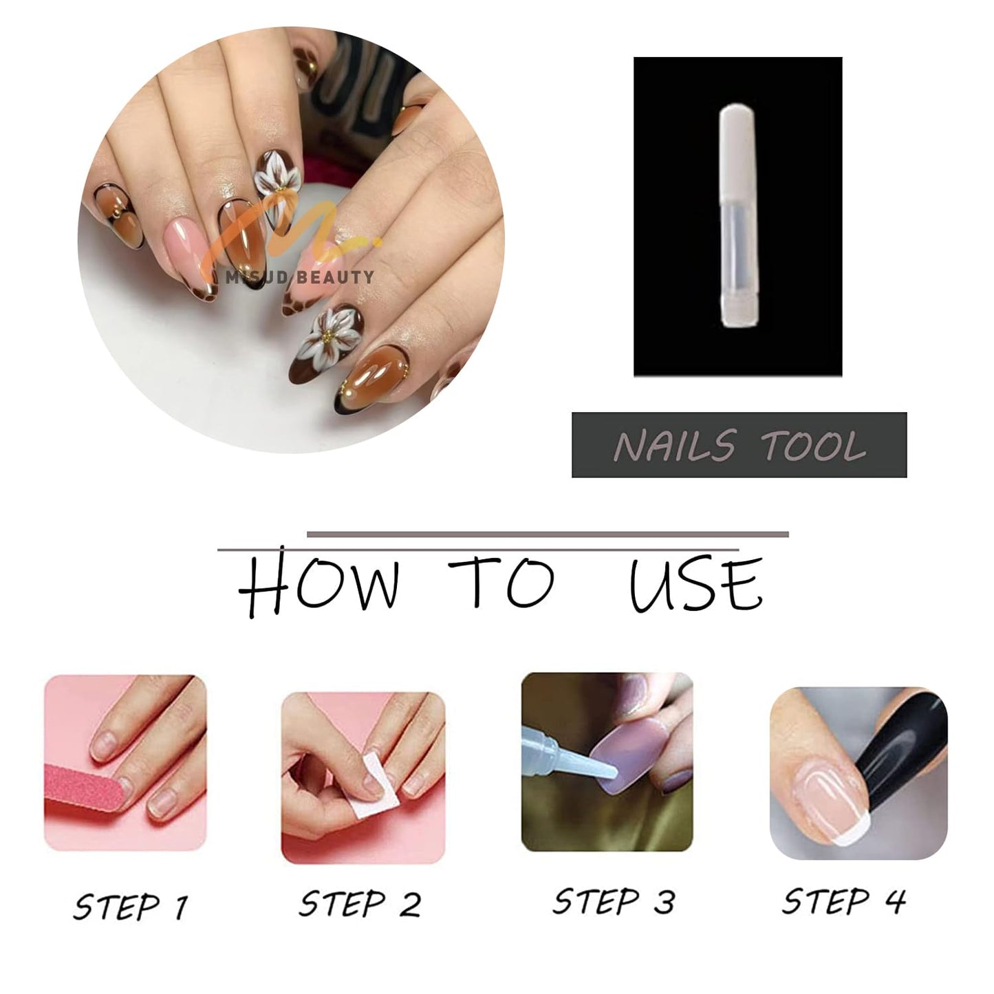 MISUD Press on Nails - Medium Almond Fake Nails with Fall Brown, Acrylic Autumn Flower Design 24 pcs