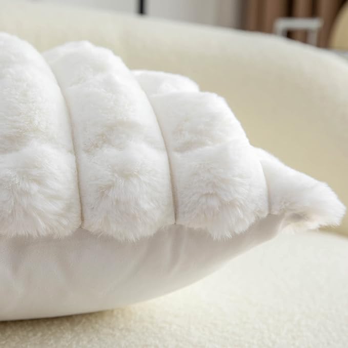 Neelvin Cream White Faux Fur Cozy Soft Plaid Decorative Throw Pillow Covers 26x26 inch Set of 2,Velvet Pillowcase Cushion Case for Sofa Couch
