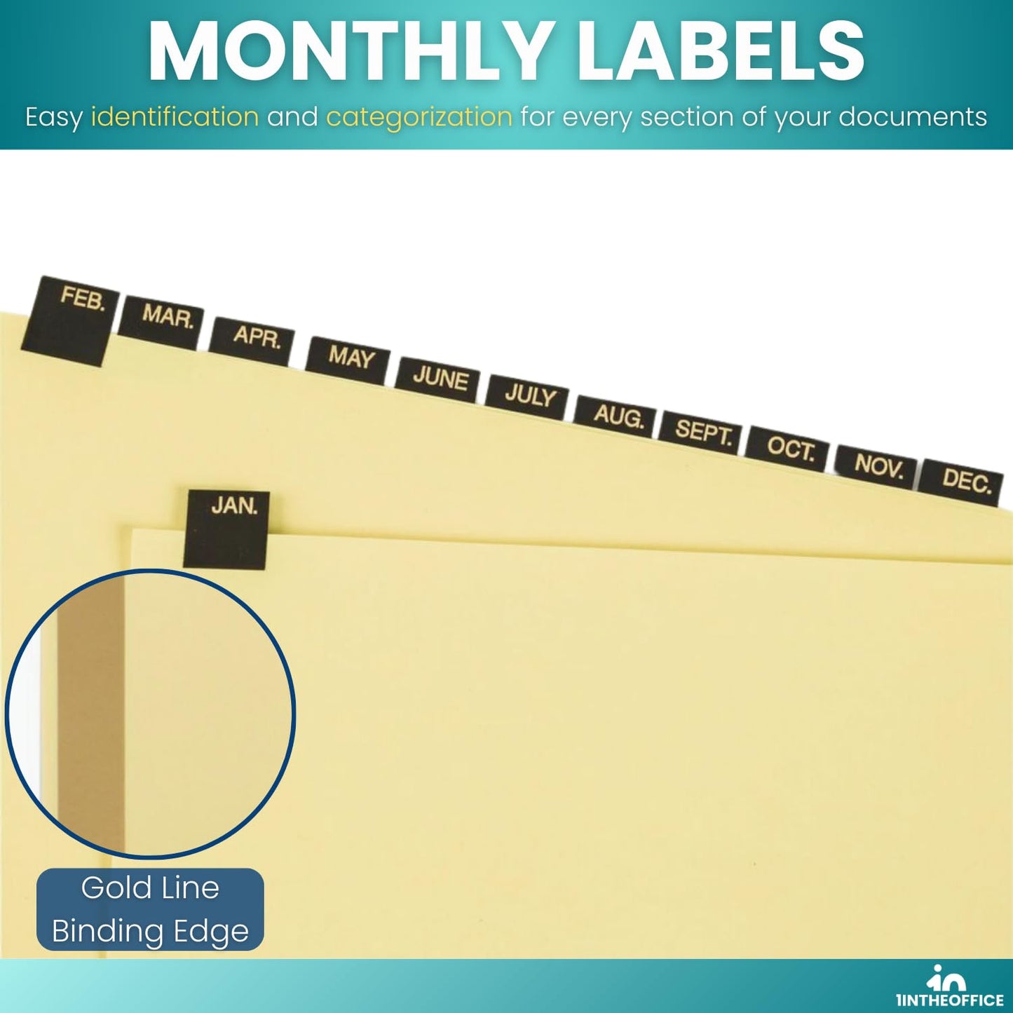 1InTheOffice Monthly Tab Dividers, Month Tabs for 3 Ring Binder, Monthly Leather Dividers, 12-Tab, Black, (4 Pack)