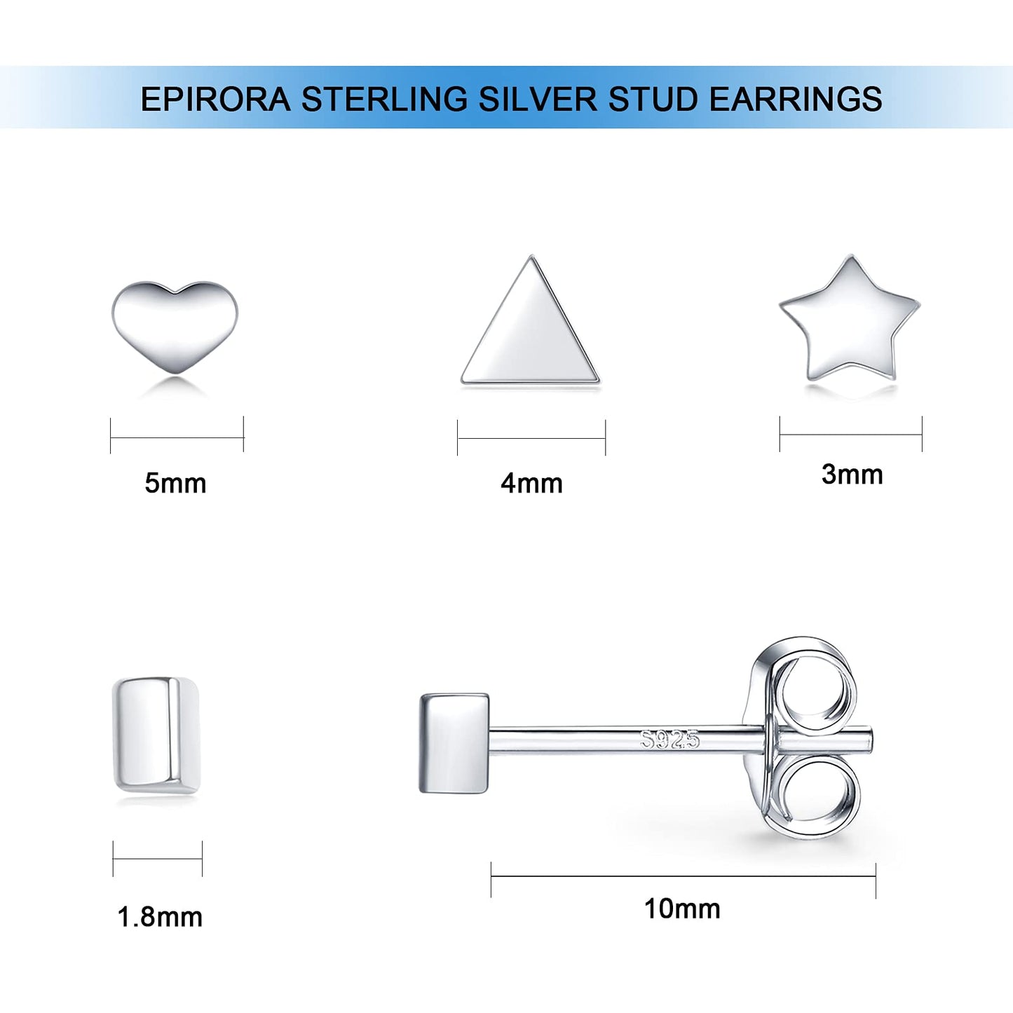 Sterling Silver Stud Earrings for Women Men- 4 Pairs of Hypoallergenic Simple Geometric Small Stud Earring Set Tiny Triangle Square Heart Star Stud Earrings Mini Cartilage Tragus Earrings, Silver