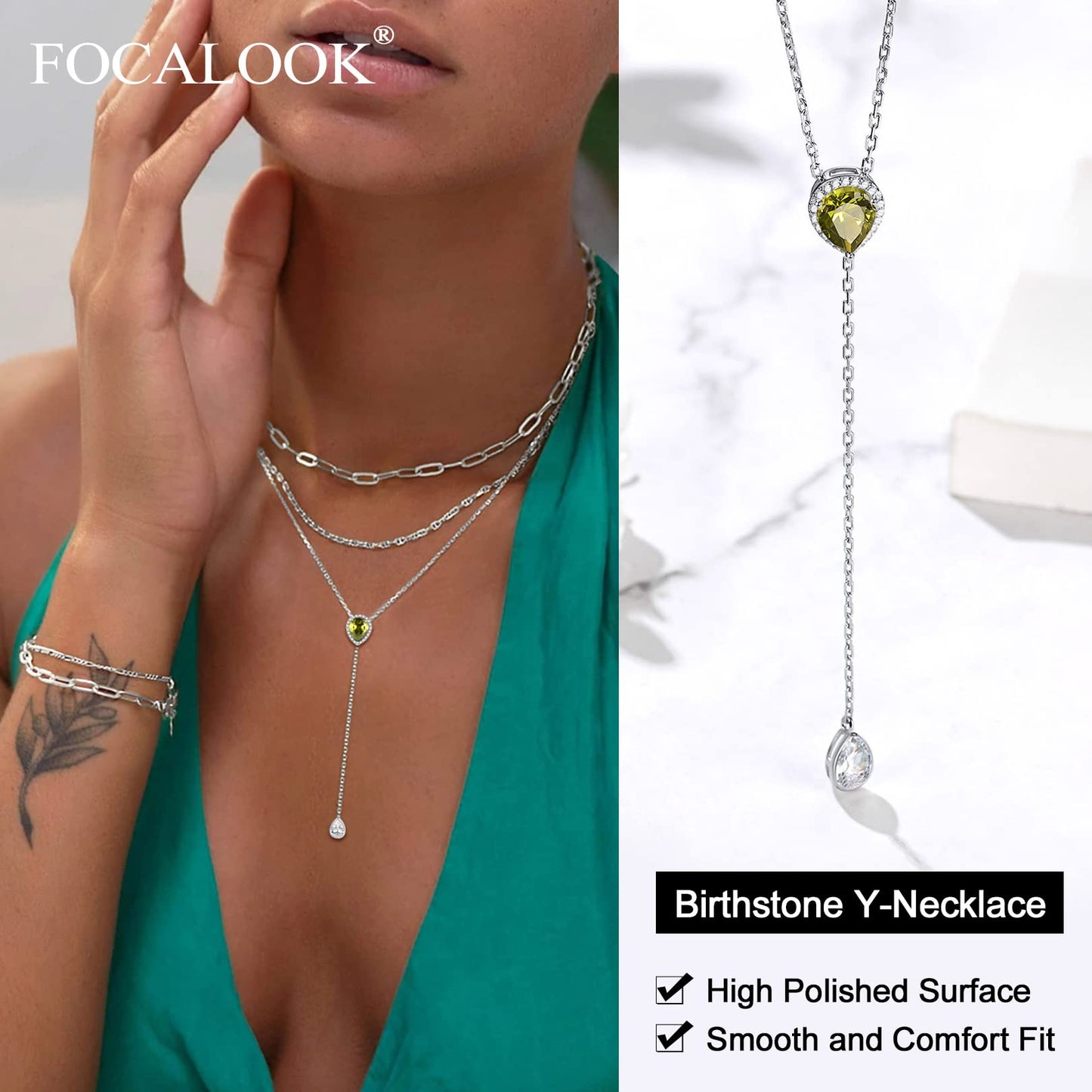 FOCALOOK 925 Sterling Silver CZ Teardrop Lariat Necklace 16"-18" Y Drop Adjustable Birthstone Necklaces for Women