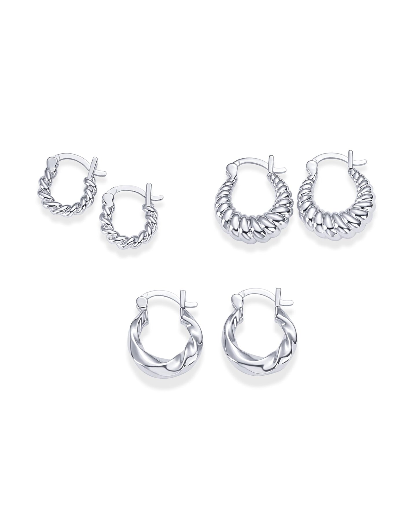 PAVOI Rhodium Plated 925 Sterling Silver Posts 3 Pairs Rope Twisted Hoop Earrings for Women - Three Set Chunky Huggie Pack - Earscape Piercings