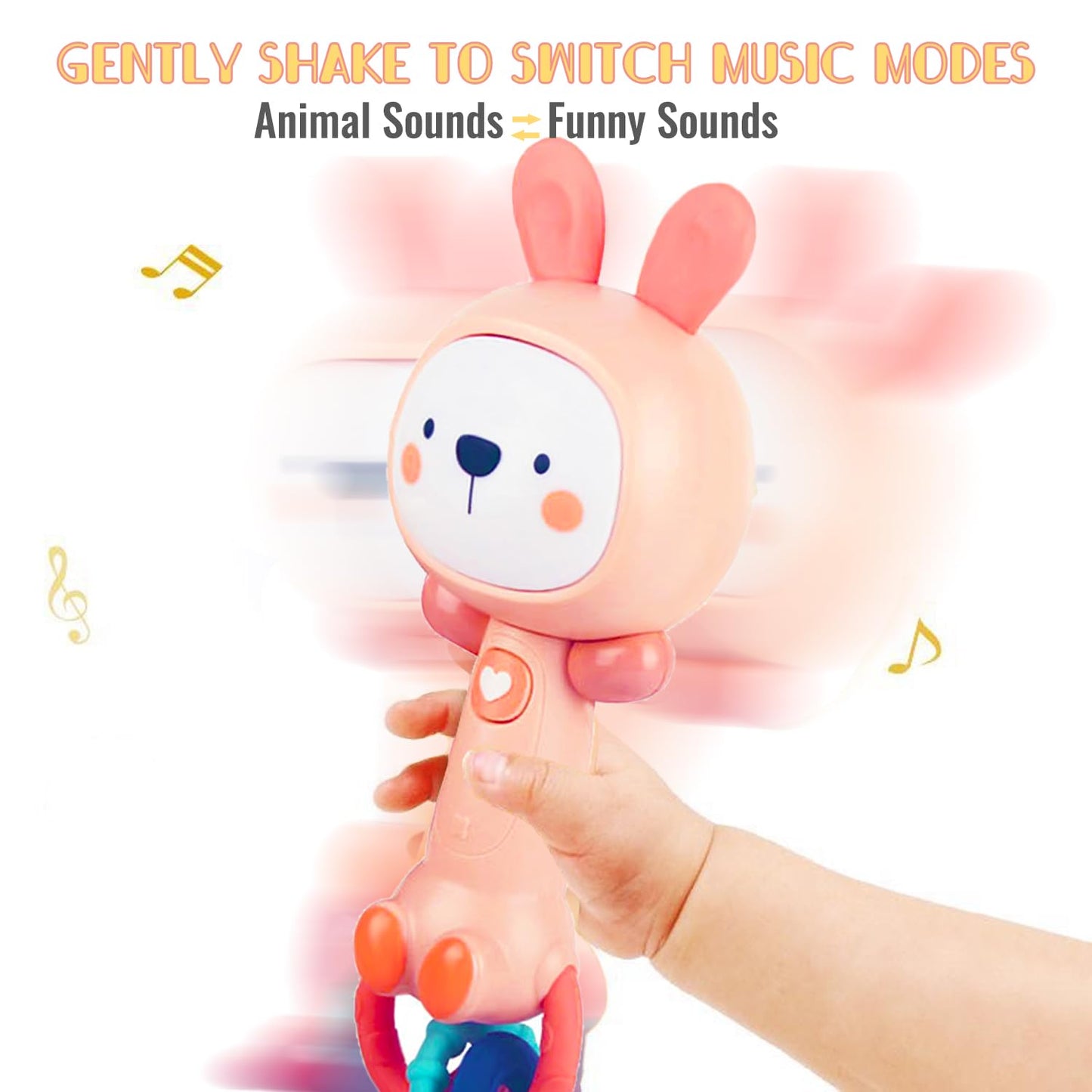 WHNKFB Soft Pink Bunny Baby Musical Rattle Toy - Light-Up Teether & Sensory Chew, BPA-Free Soft Rubber, Baby Shower & 1st Birthday Gift for 6-18 Months 1+ Year Old