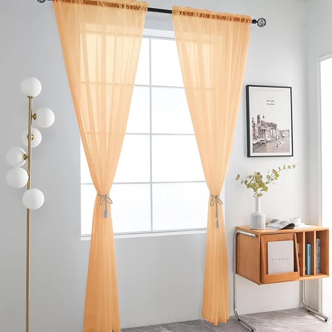 SpaceDresser Basic Rod Pocket Sheer Voile Window Curtain Panels Beige 1 Pair 2 Panels 52 Width 36 Inch Long for Kitchen Bedroom Children Living Room Yard（Beige, 52W x 36L）