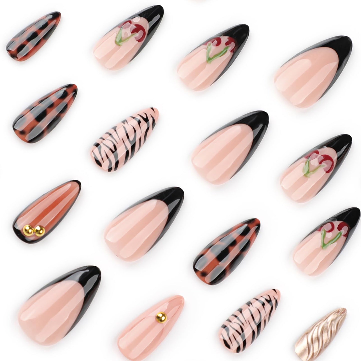 MISUD Press on Nails - Medium Almond Fake Nails with Cherry Tortoise, Acrylic Fall Brown Design 24 pcs