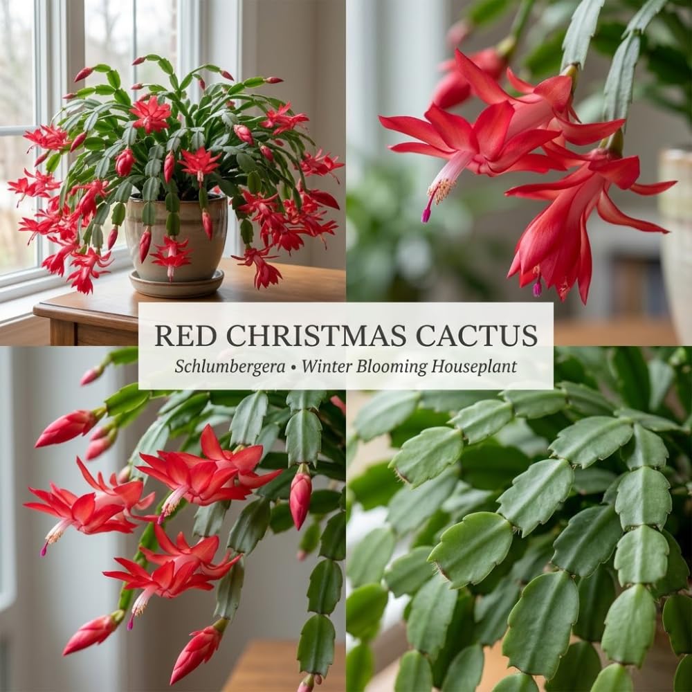2 Red Christmas Cactus Live Plant, 5-6 Inch Tall, Easy to Care Indoor Winter Houseplant for Office Desk and Patio Decor, Vigorous Live Holiday Plant