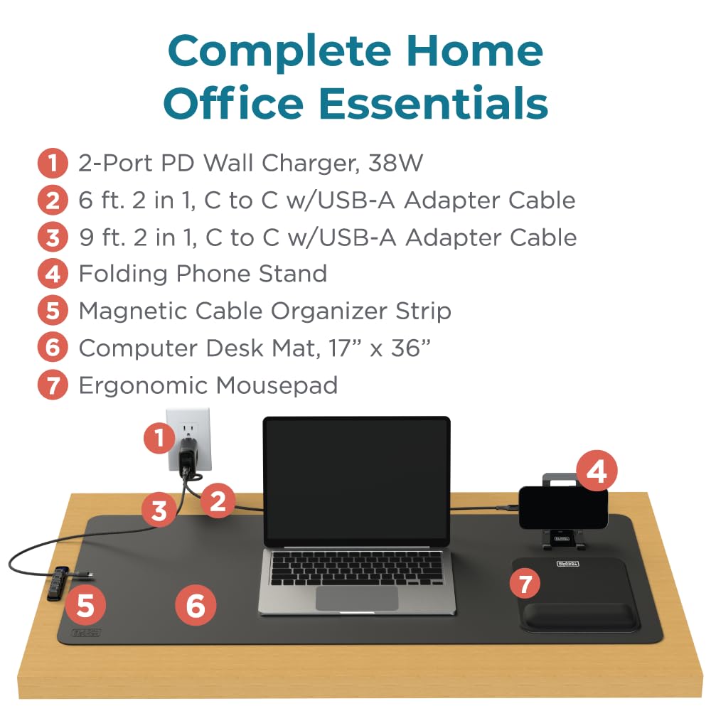 BLACK+DECKER Home Office Kit, 7 PCS Set, Desk Pad, 2-Port PD Charger, Ergonomic Mouse Pad, Phone Stand, Combo Cables, Cable Organizer, Workspace Accessories Perfect for Work-from-Home (Black)