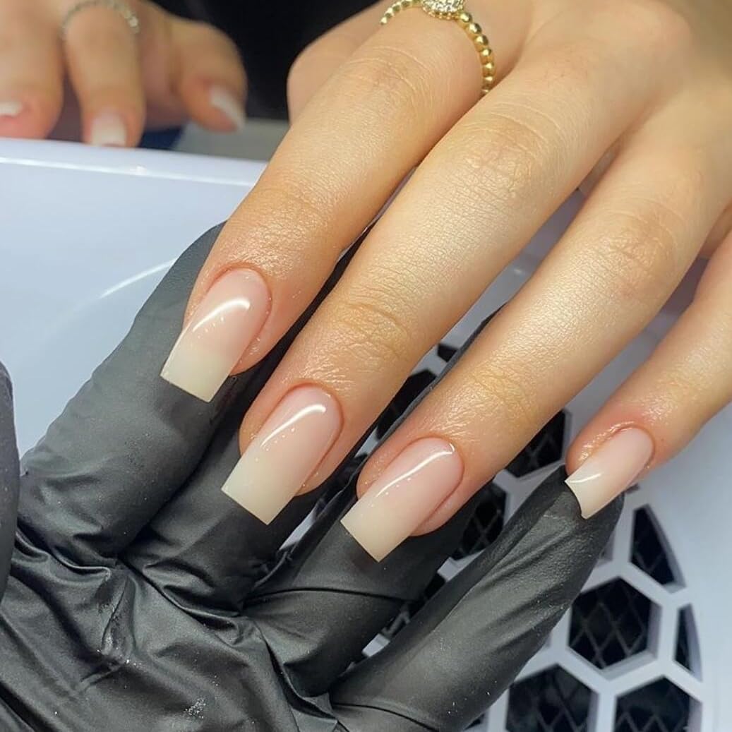 KQueenest Light Nude Press on Nails Long Medium Square, Glazed Fake Nails Press ons, Glue on Nails Coffin For Women, Gel Square Tip Nails, Acrylic False Nails Set For Finger Decoration, 24 Pcs