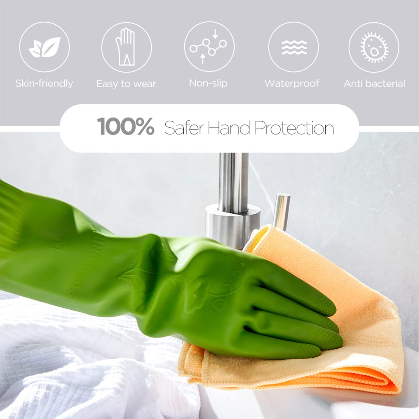 IUCGE Rubber dishwashing gloves 3 Pairs for kitchen,Cleaning washing dish gloves long for household reuseable durable.(Medium,Green)