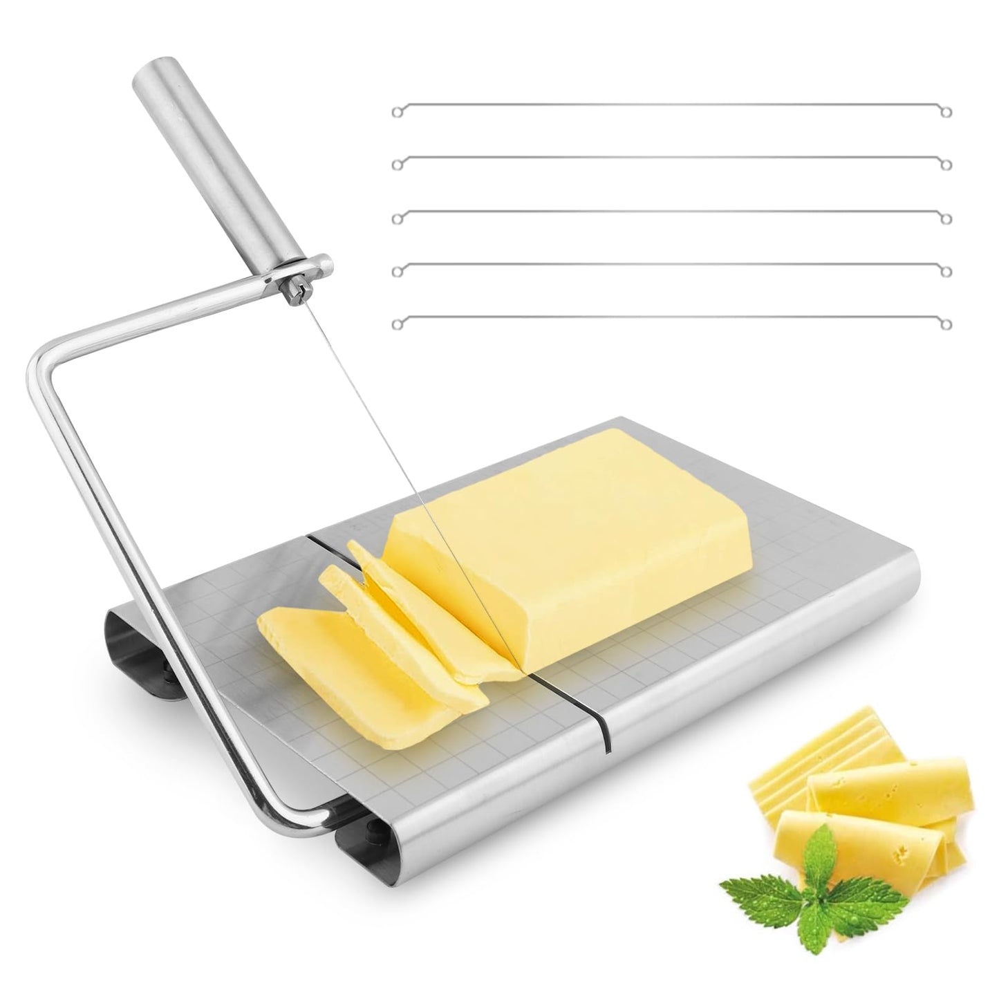 homfanseec Stainless Steel Cheese Slicer Cutter, Cheese Slicer with Wire, Adjustable Cheese Cutter Board with 6 Replacement Wires, for Cutting Cheese Butter Vegetables Sausage(silver)