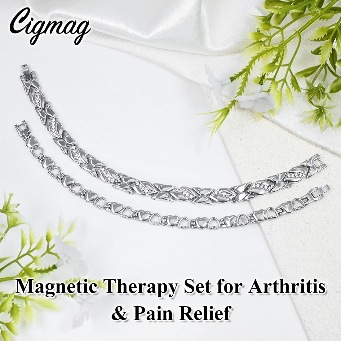Cigmag 2PCS Magnetic Bracelets for Women Adjustable Titanium Steel Magnetic Bracelet with Strength Magnets Sizing Tool (Crystal & Love)
