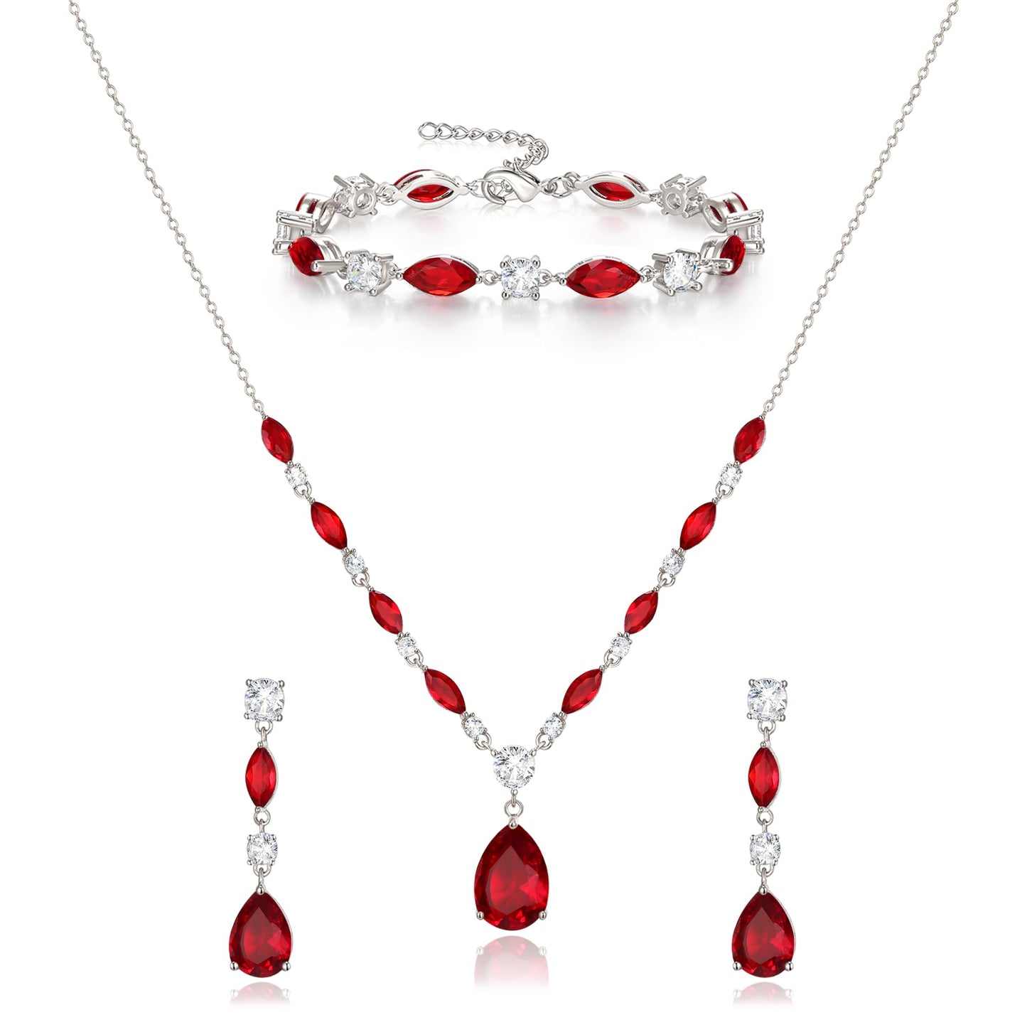 EVER FAITH Red Cubic Zirconia Costume Party Jewelry for Women, Sparkly Ruby CZ Elegant Teardrop Wedding Necklace Dangle Earrings Bracelet Set for Bridesmaid