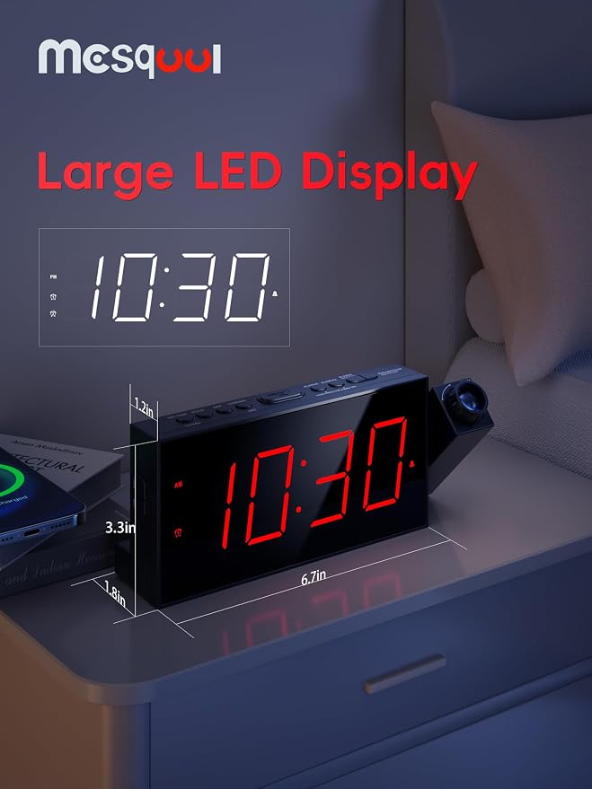 Mesqool Projection Alarm Clock with Loud Bed Shaker, Dual Alarms | 5-level Dimmer, USB charger, Snooze & DST, Loud Vibrating Alarm with Battery Backup, Perfect for Heavy Sleepers