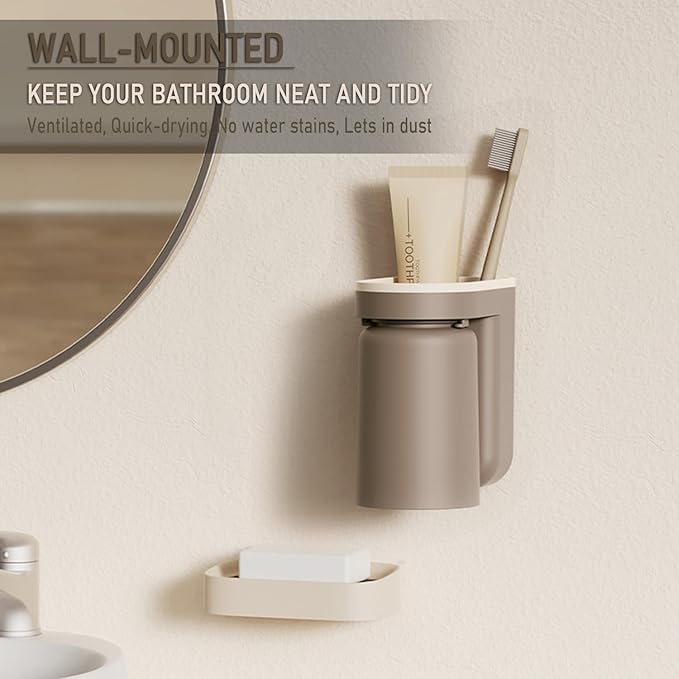 Toothbrush Holder Wall Mounted with Cup,2-in-1 Toothbrush Holders & Cups Set,Inverted Design for Easy Cleaning and draining,Stick-on Toothbrush Holder for Bathroom (Beige+Coffee)