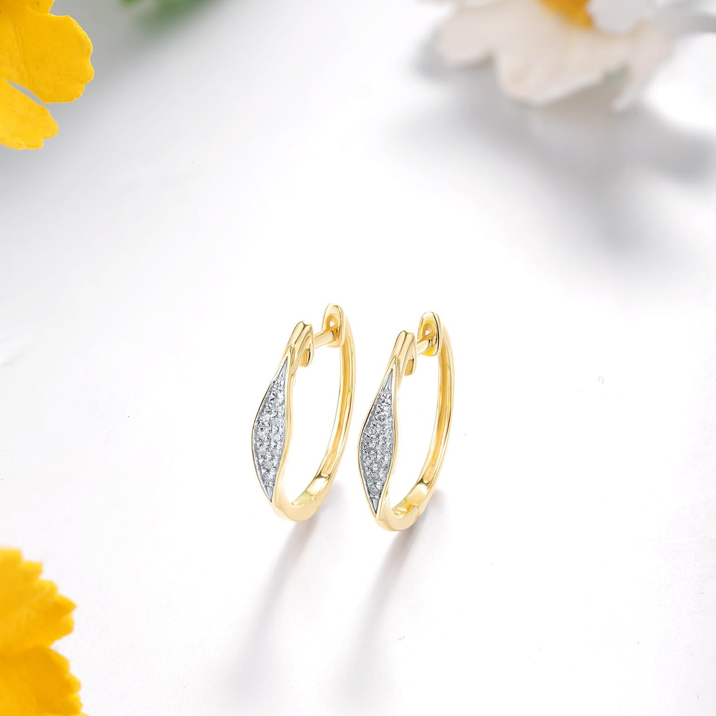 Santuzza 10K Yellow Solid Gold Marquise Shape Earrings Genuine Diamond Simple Huggie Hoop Earrings for Women