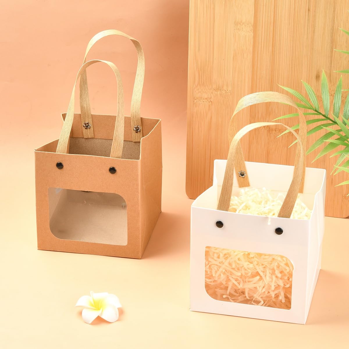 Echoed Elegance Kraft Paper Bags with Nylon Handles and Clear Window, 10 Pieces, 2 Styles, Square Gift and Shopping Bags for Retail, Party, Wedding, Craft Packaging (White)