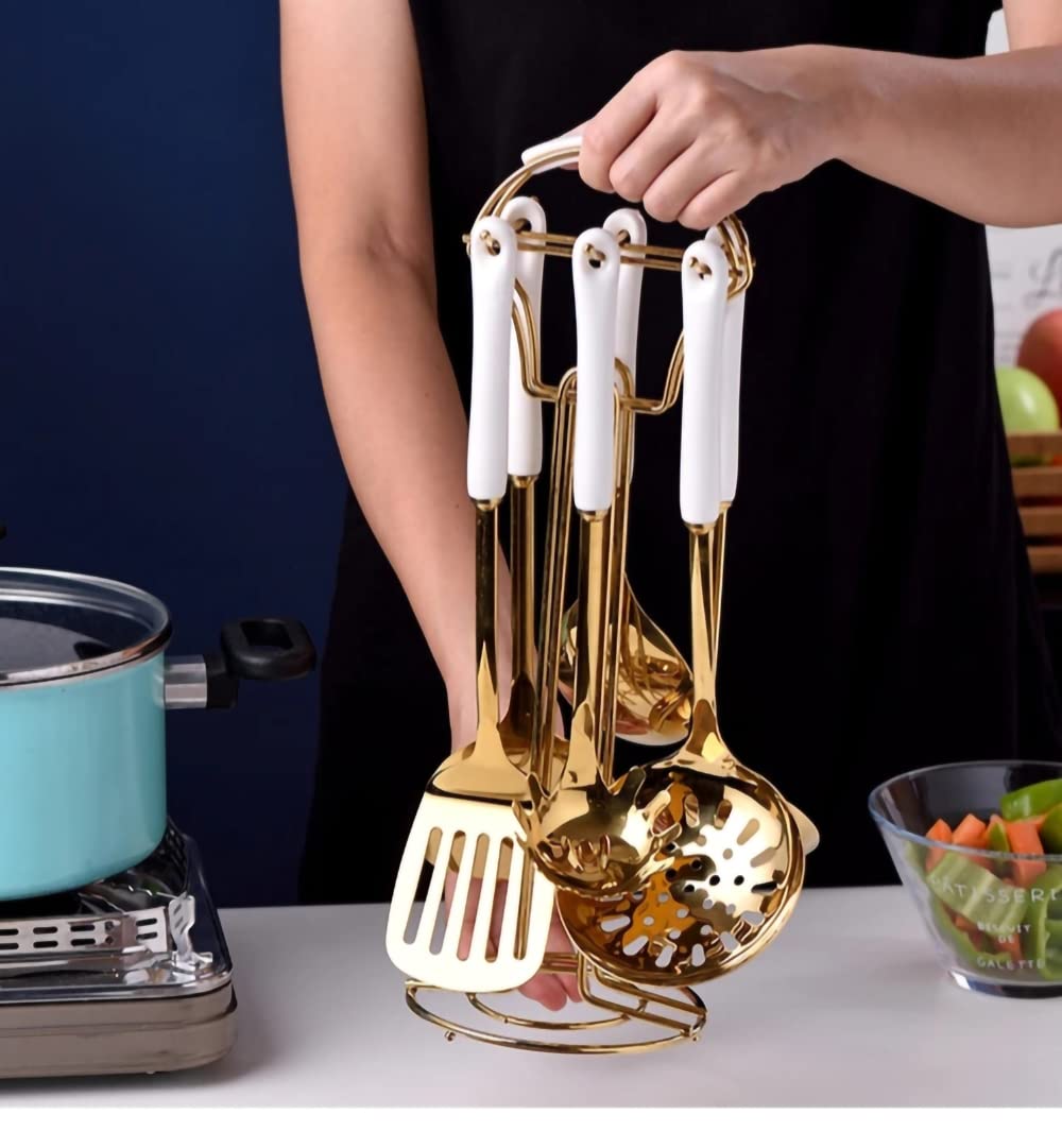 AQUAX Stainless Steel kitchenware seven Pieces Set (White Gold).Cooking Utensils 7 pcs Set with hanging shelf .Include Slotted Spoon, Slotted Spatula, Large Spoon, Soup Ladle, Spatula, Pasta spoon.