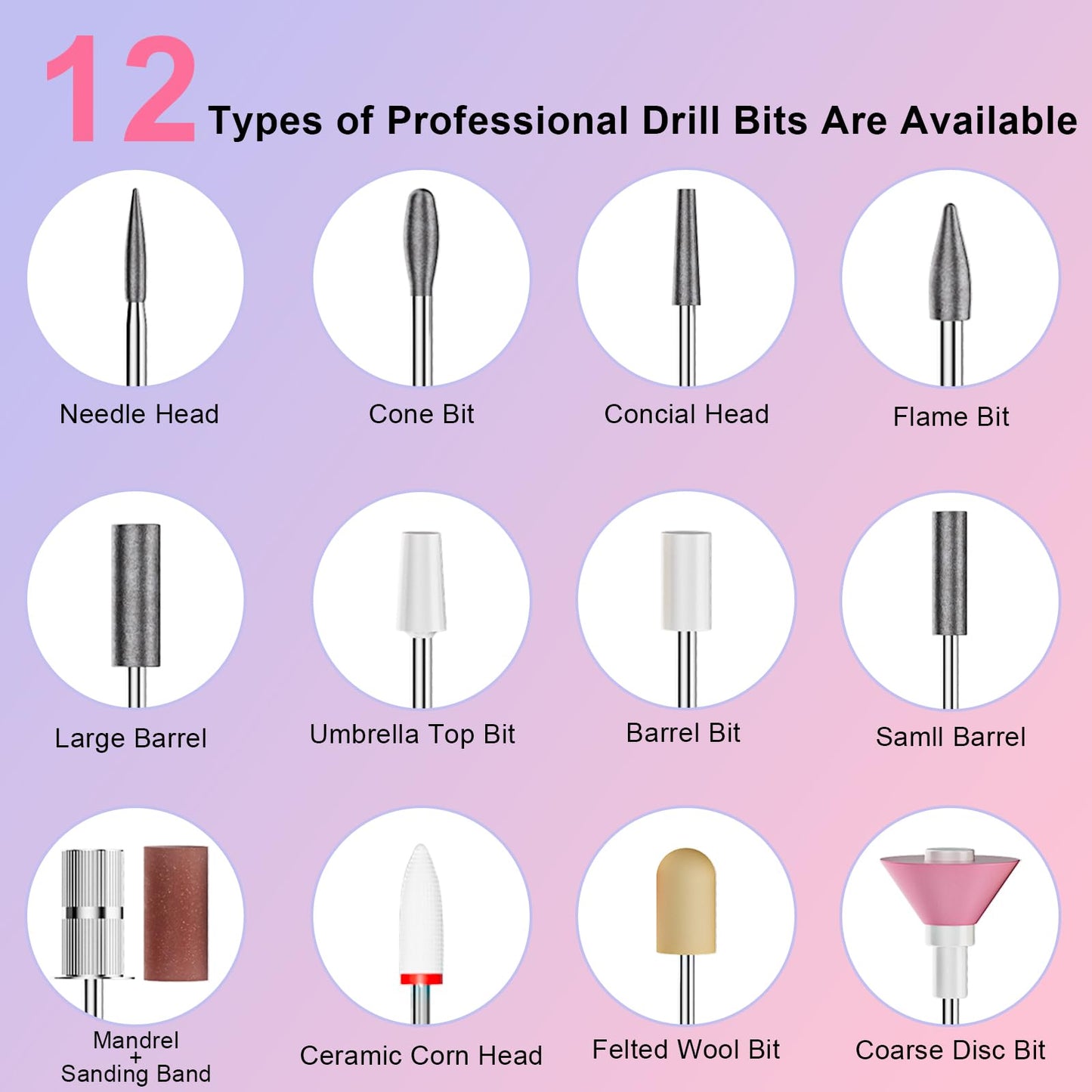Professional Electric Nail Drill 40000RPM for Salon Home Use, Rechargeable Nail File Machine Kit with 12PCS Bits for Acrylic Gel Nails, Portable Efile Manicure Pedicure Tool (Pink Blue)